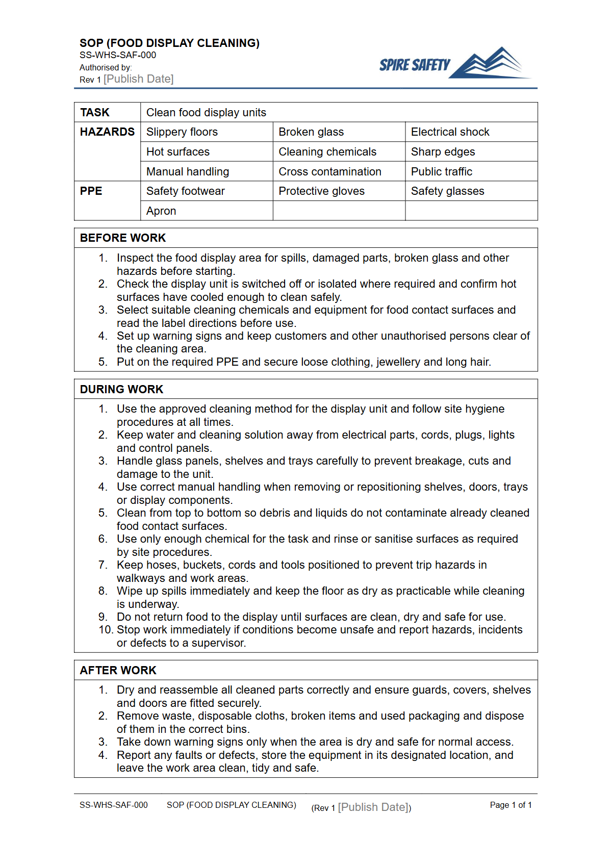 Free Safe Operating Procedure (Food Display Cleaning) Template — document preview