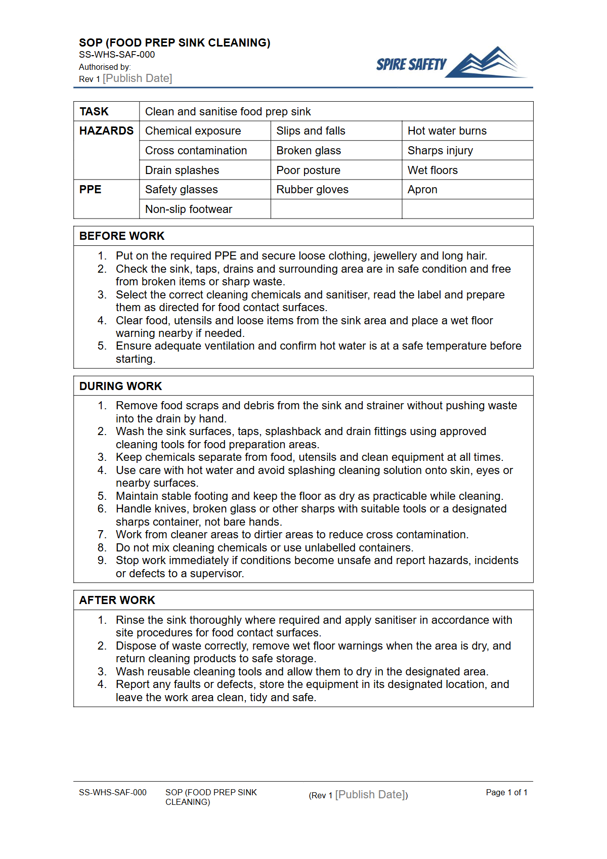 Free Safe Operating Procedure (Food Prep Sink Cleaning) Template — document preview