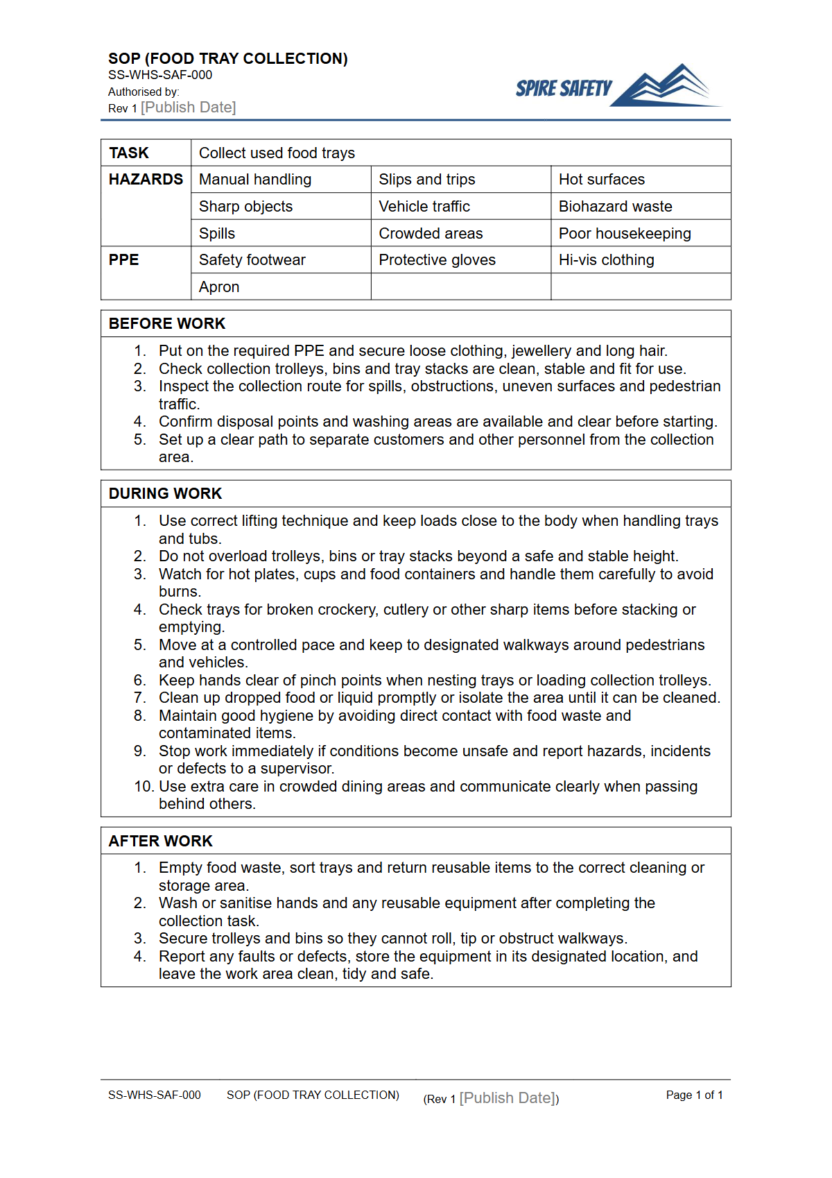 Free Safe Operating Procedure (Food Tray Collection) Template — document preview