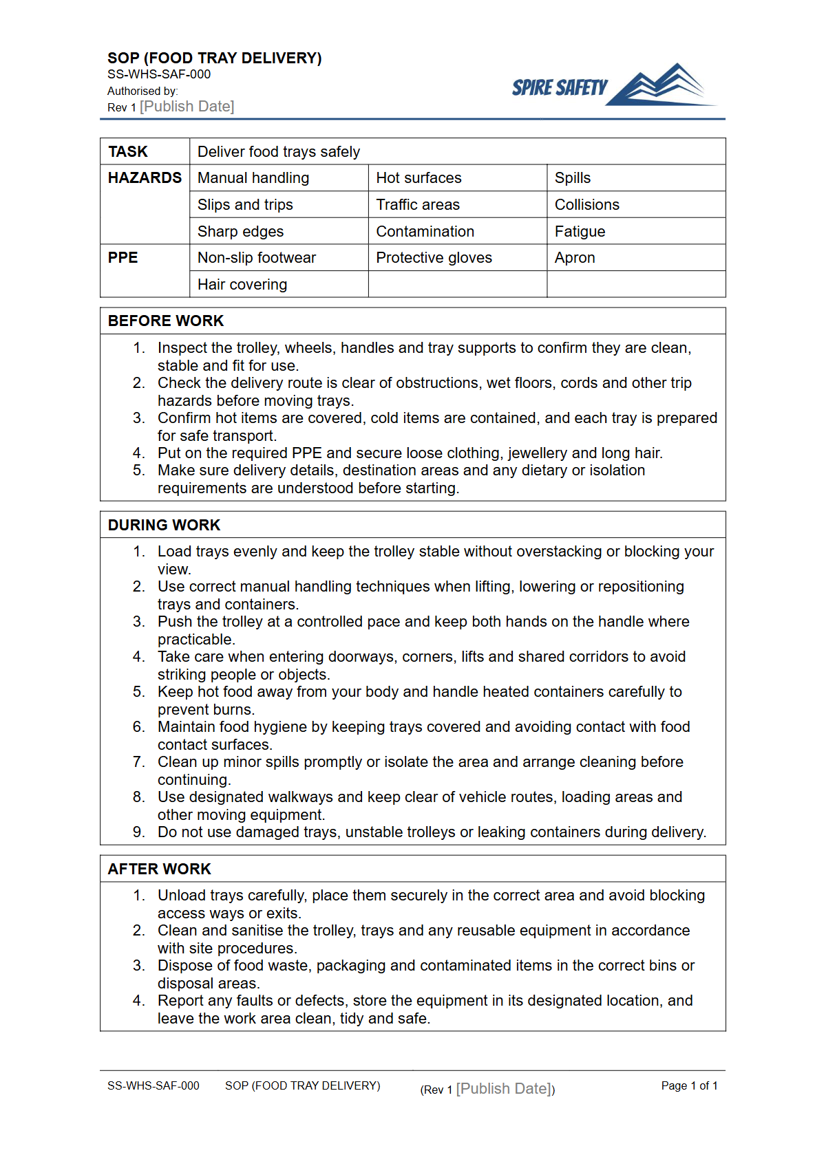 Free Safe Operating Procedure (Food Tray Delivery) Template — document preview