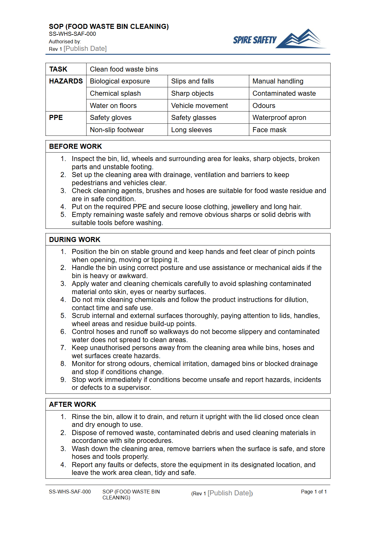 Free Safe Operating Procedure (Food Waste Bin Cleaning) Template — document preview