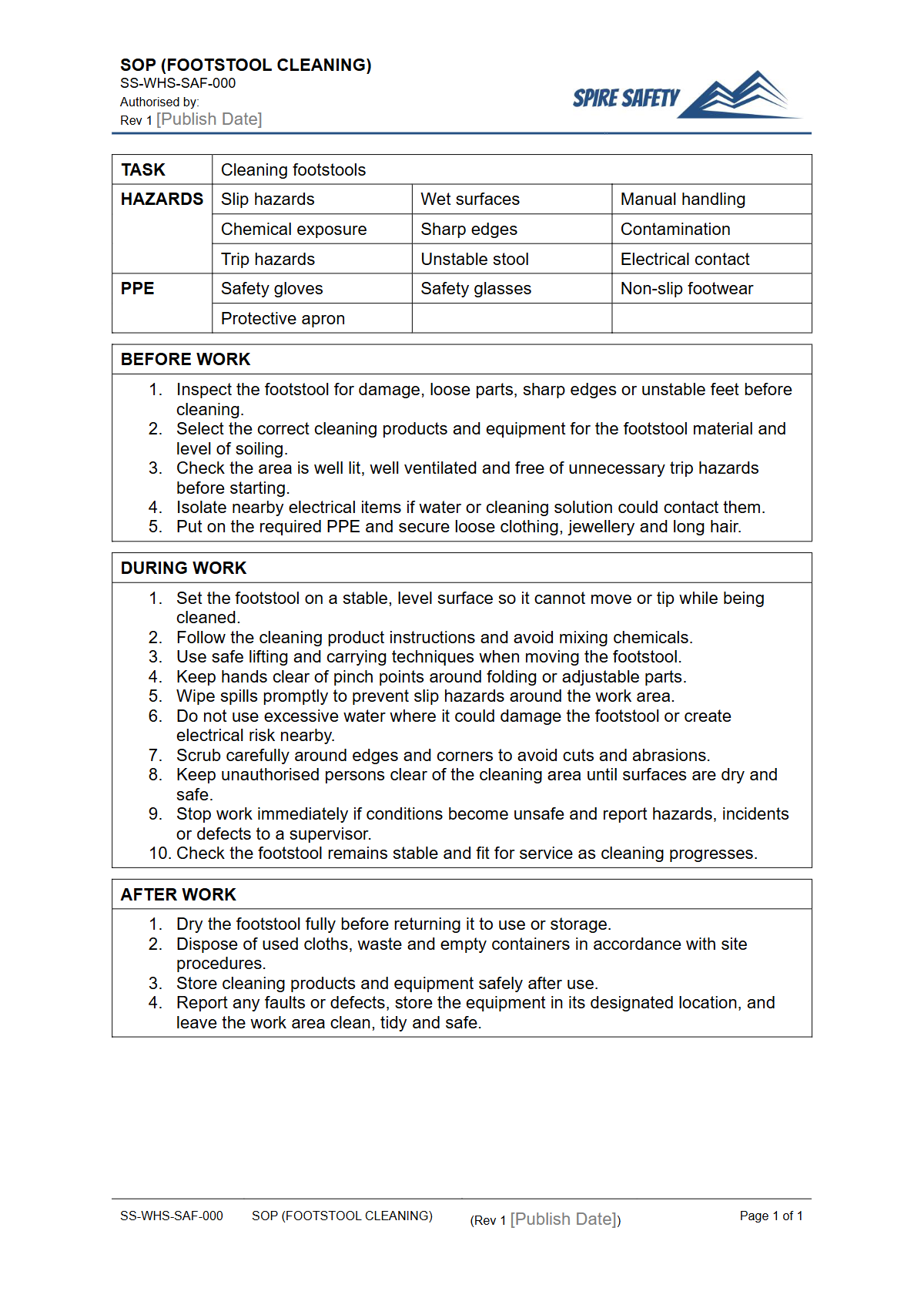 Free Safe Operating Procedure (Footstool Cleaning) Template — document preview