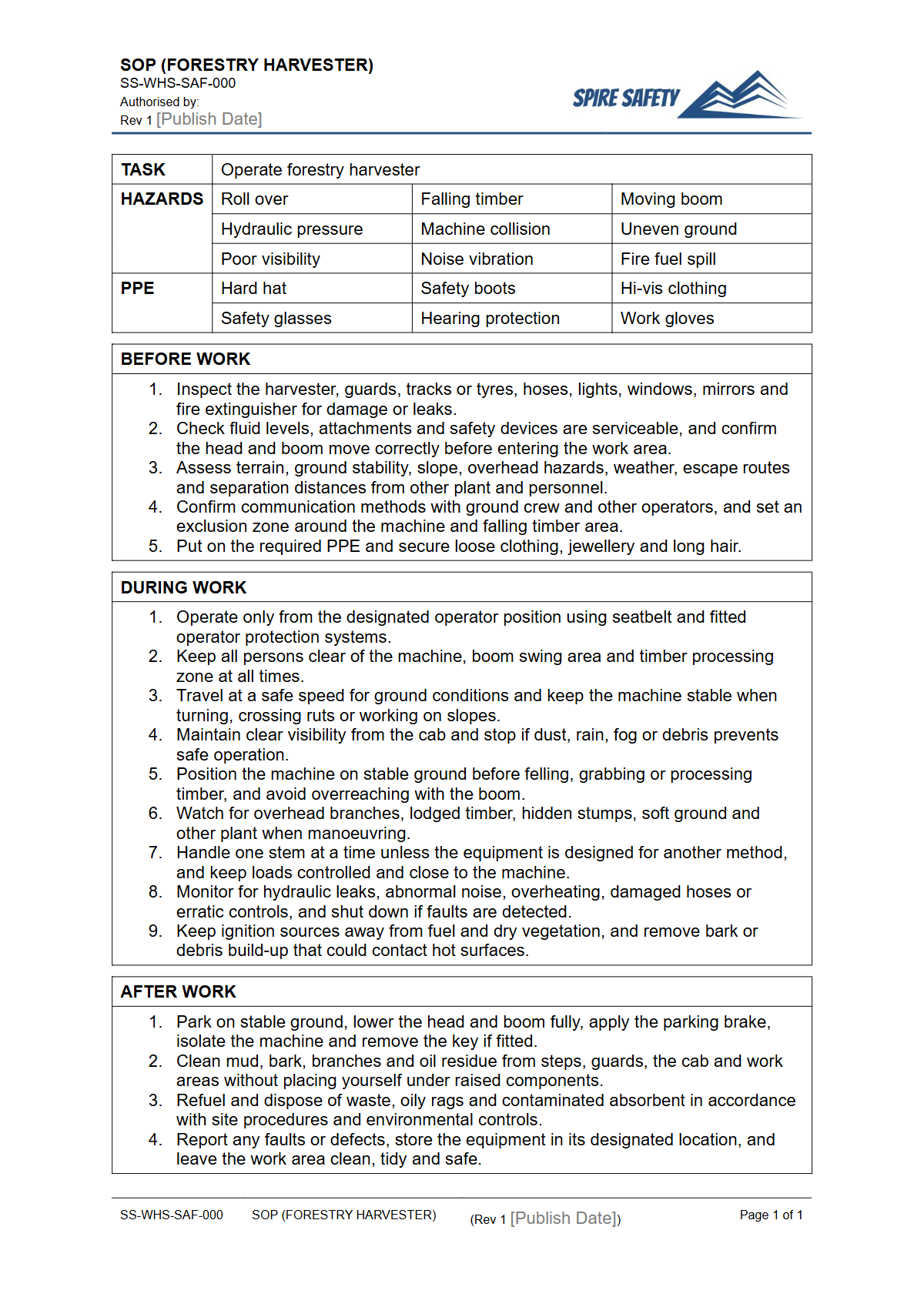 Free Safe Operating Procedure (Forestry Harvester) Template — document preview