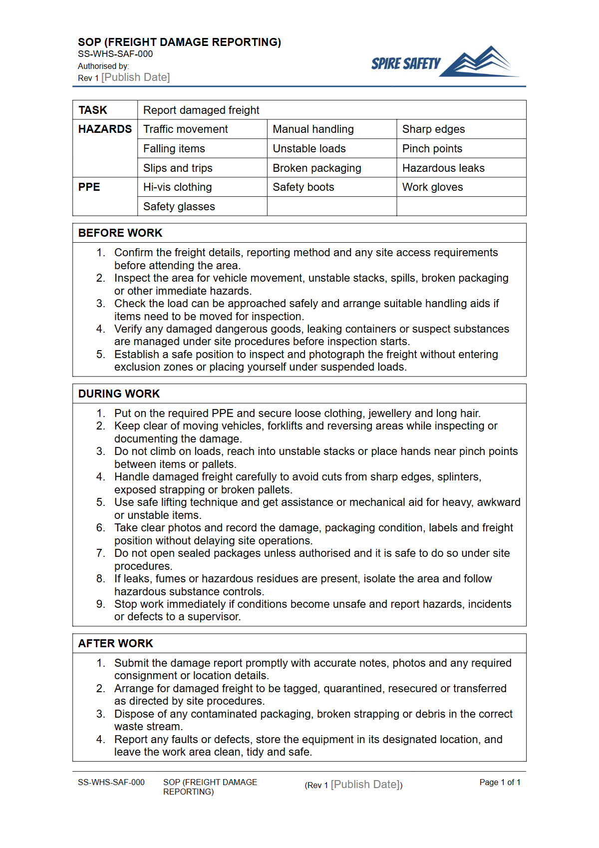Free Safe Operating Procedure (Freight Damage Reporting) Template — document preview