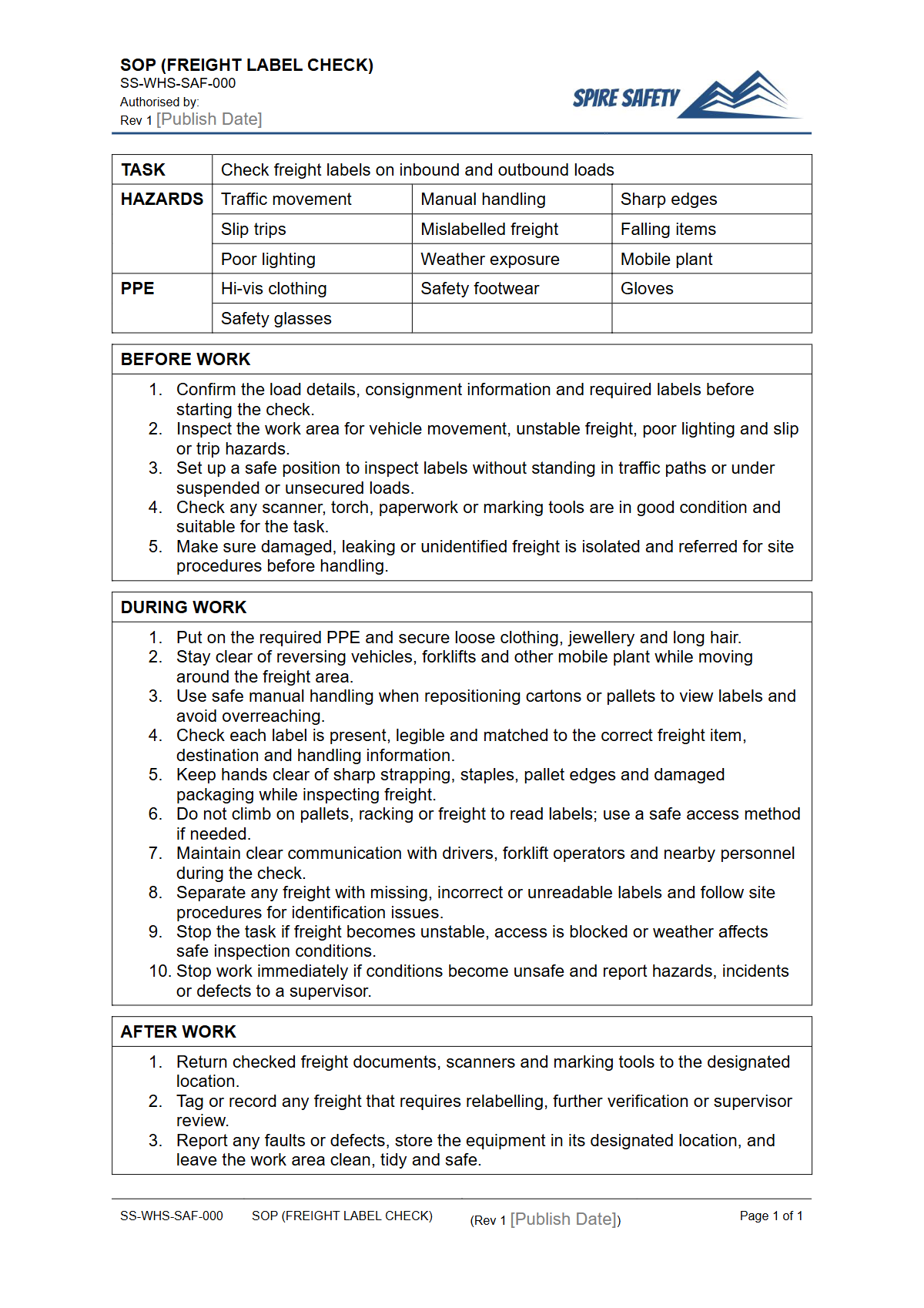 Free Safe Operating Procedure (Freight Label Check) Template — document preview