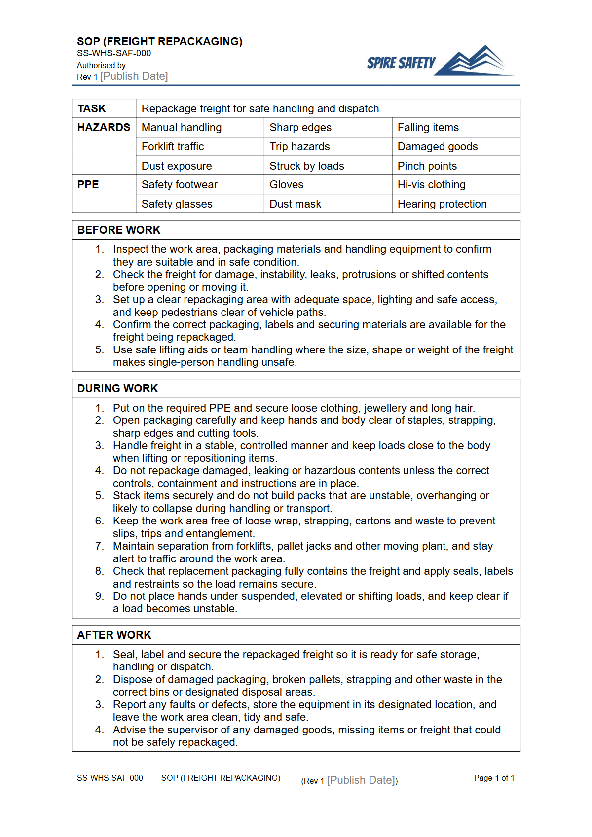 Free Safe Operating Procedure (Freight Repackaging) Template — document preview