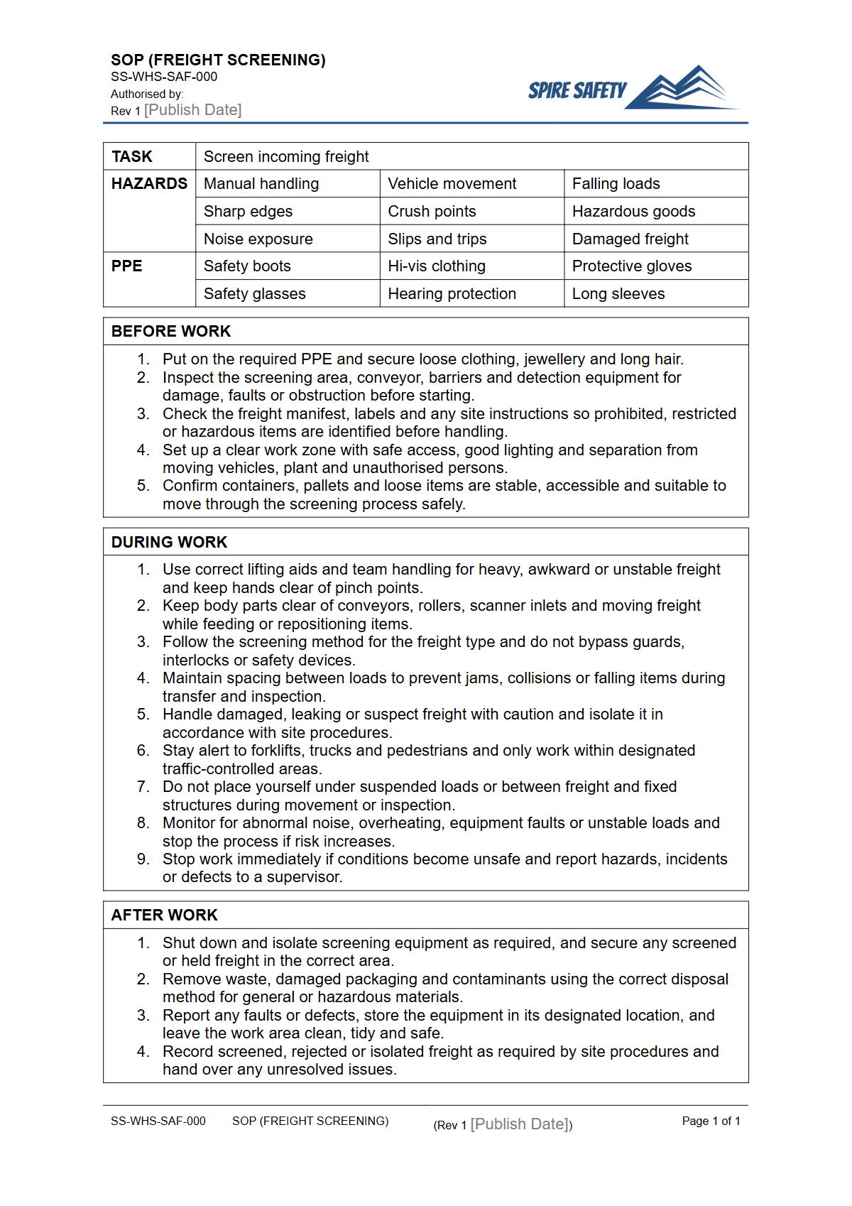 Free Safe Operating Procedure (Freight Screening) Template — document preview