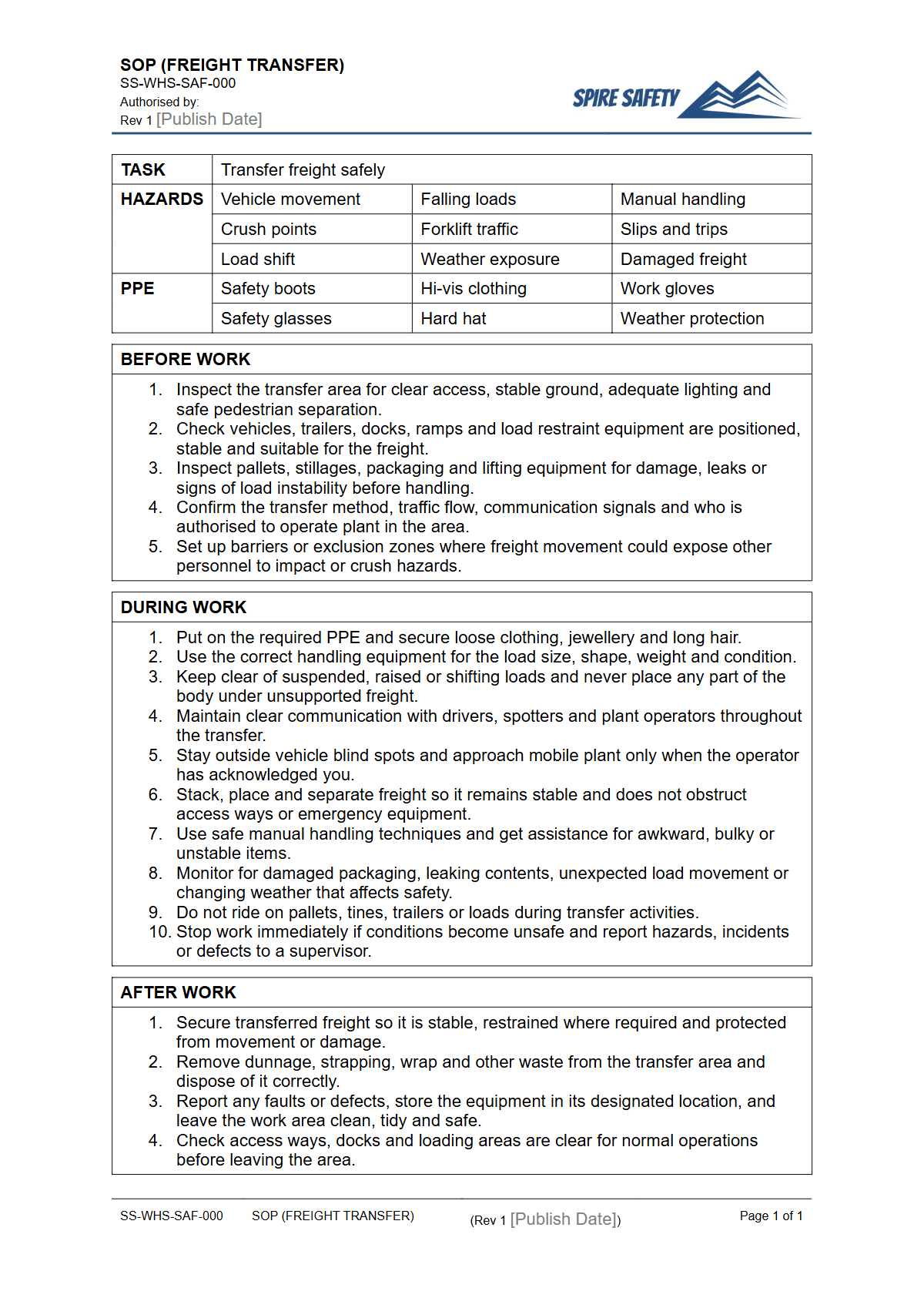 Free Safe Operating Procedure (Freight Transfer) Template — document preview