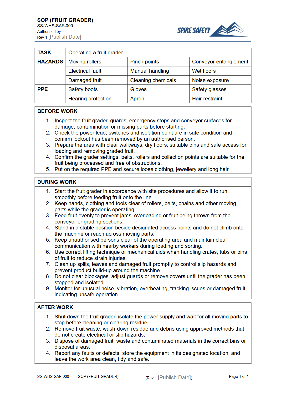 Free Safe Operating Procedure (Fruit Grader) Template — document preview