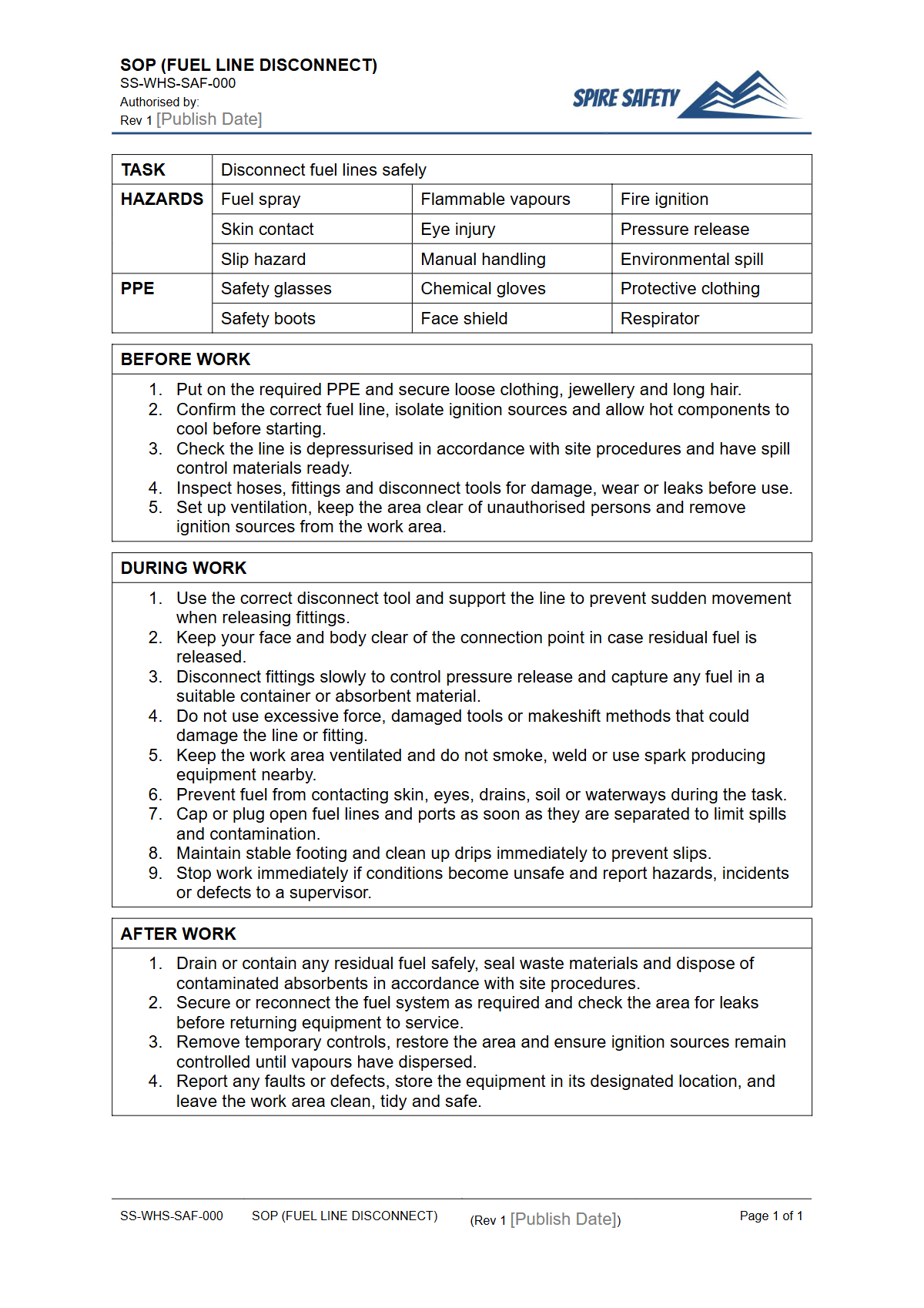 Free Safe Operating Procedure (Fuel Line Disconnect) Template — document preview