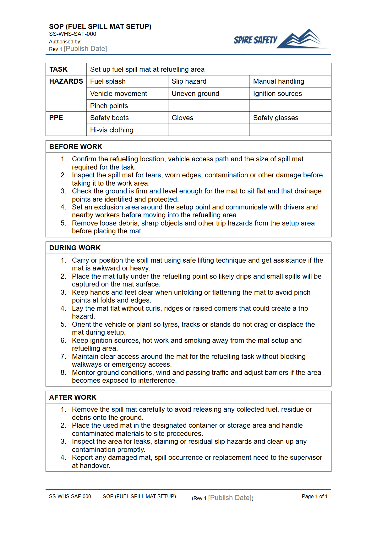 Free Safe Operating Procedure (Fuel Spill Mat Setup) Template — document preview