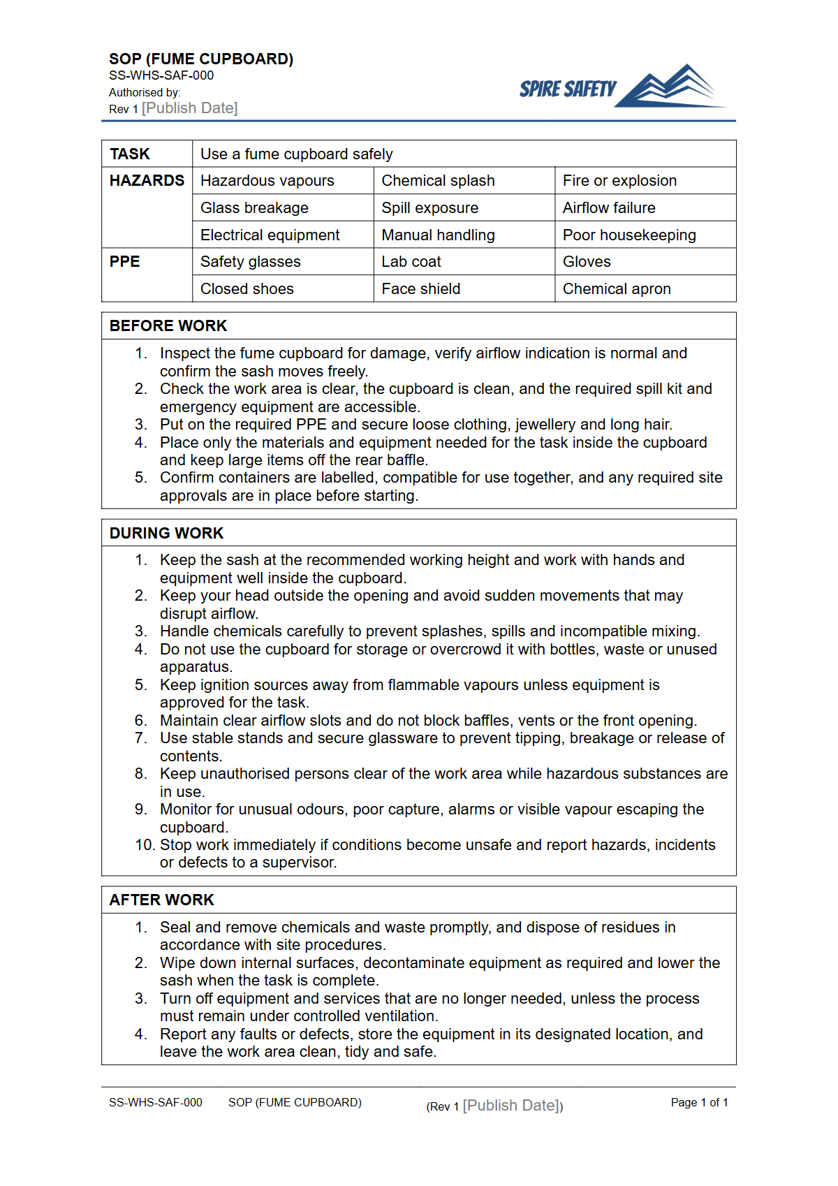Free Safe Operating Procedure (Fume Cupboard) Template — document preview