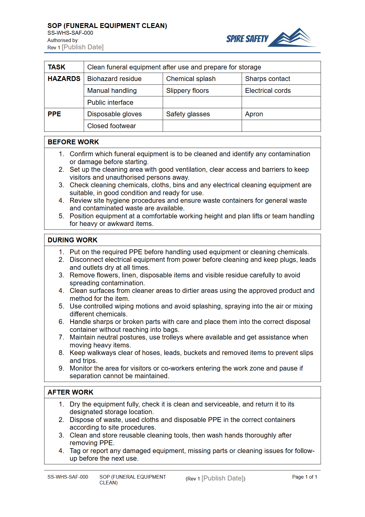 Free Safe Operating Procedure (Funeral Equipment Clean) Template — document preview