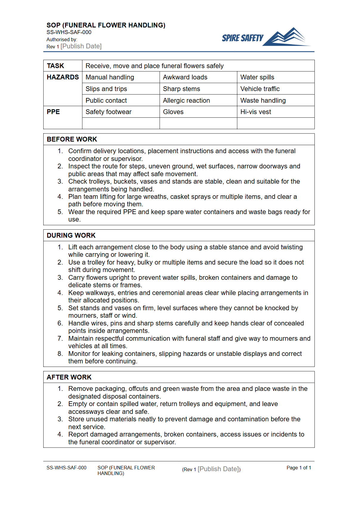 Free Safe Operating Procedure (Funeral Flower Handling) Template — document preview