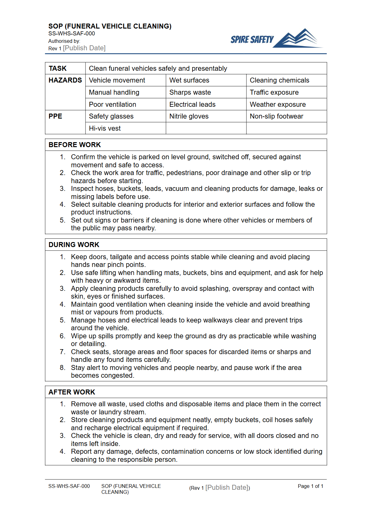 Free Safe Operating Procedure (Funeral Vehicle Cleaning) Template — document preview