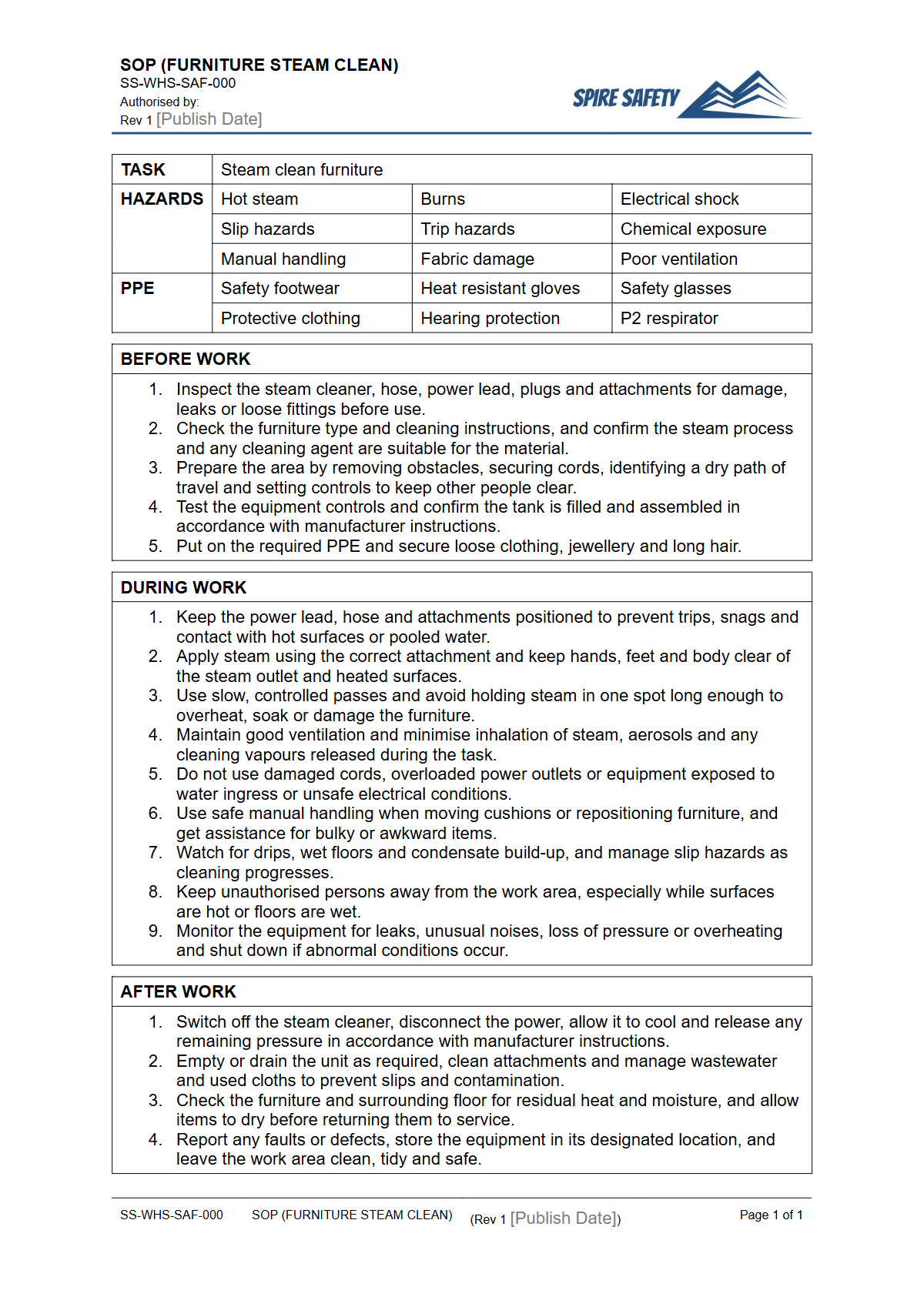 Free Safe Operating Procedure (Furniture Steam Clean) Template — document preview