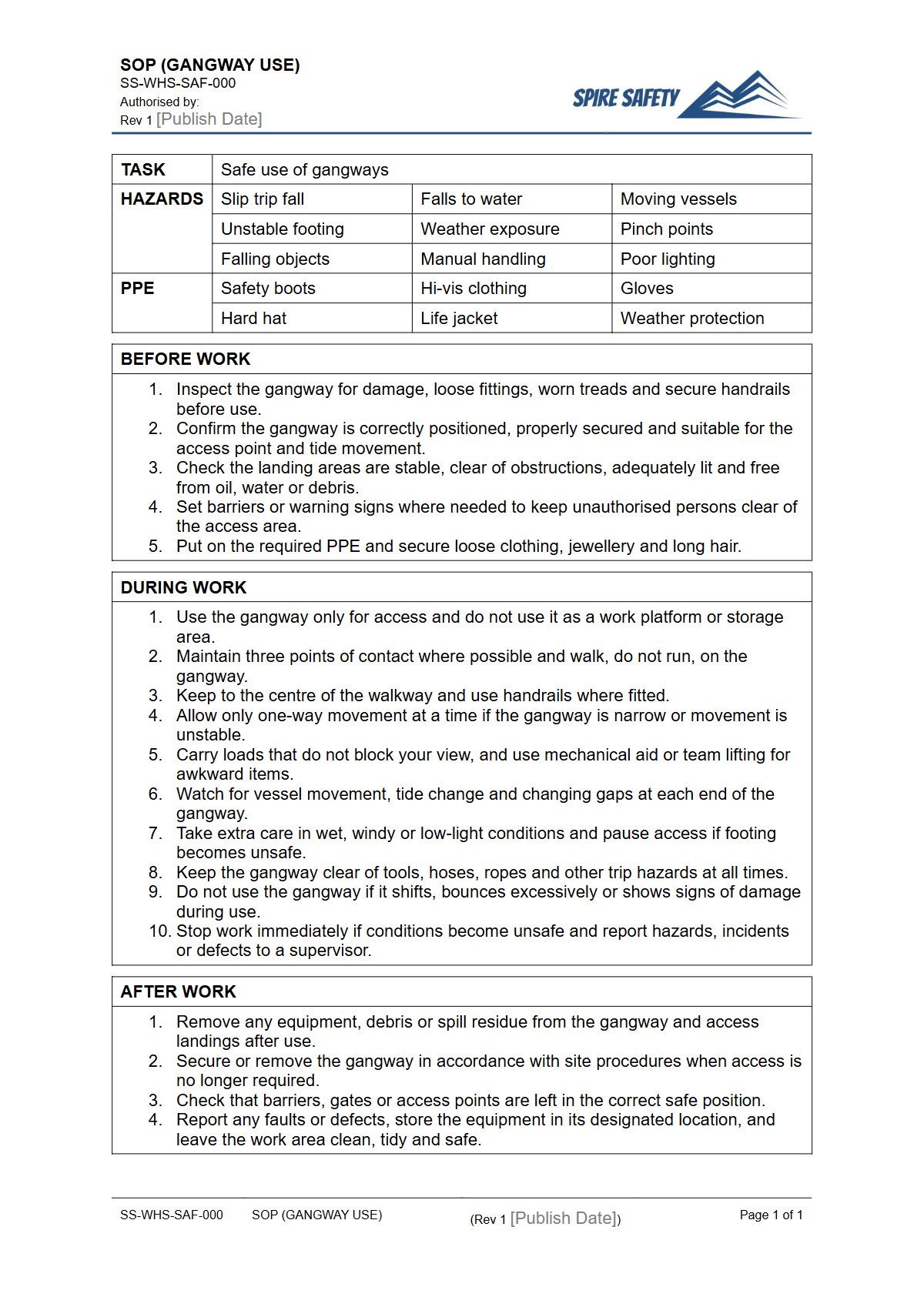 Free Safe Operating Procedure (Gangway Use) Template — document preview