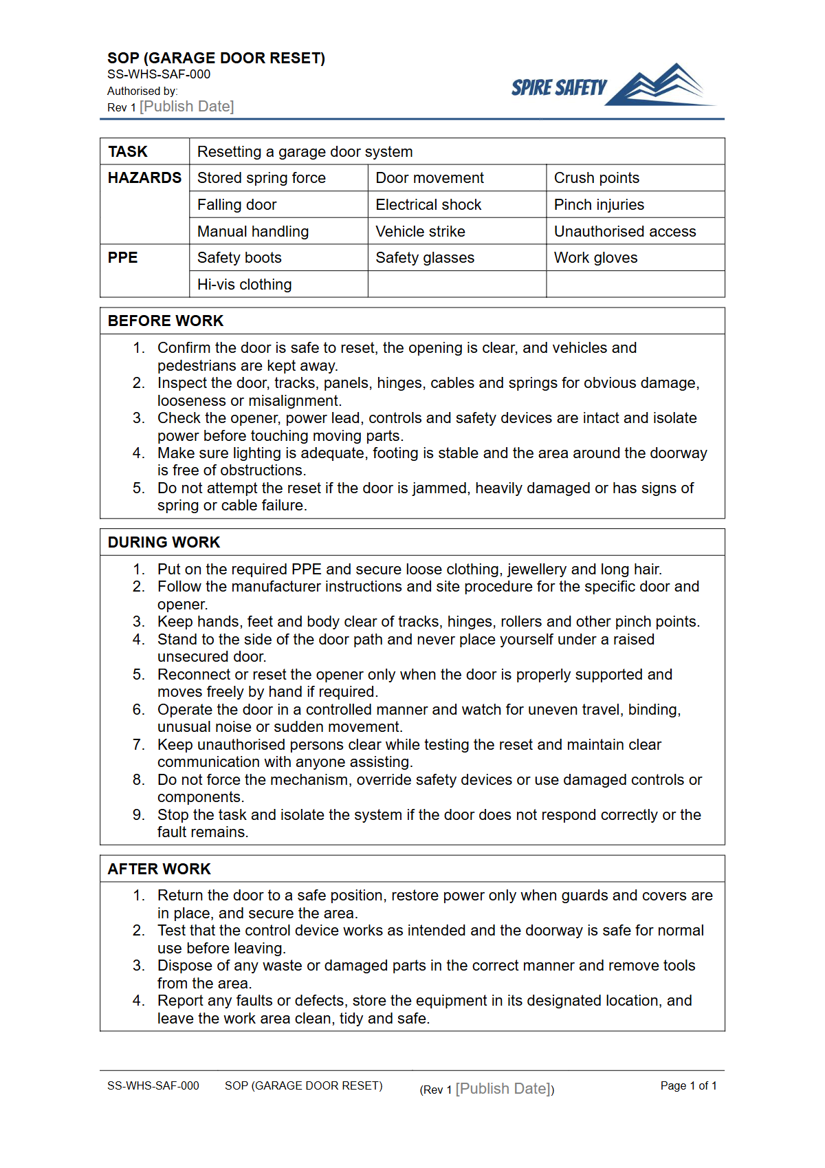 Free Safe Operating Procedure (Garage Door Reset) Template — document preview