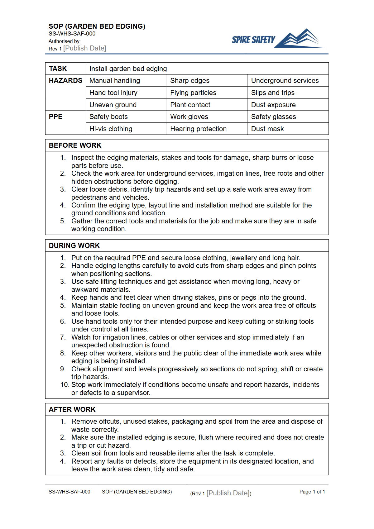 Free Safe Operating Procedure (Garden Bed Edging) Template — document preview