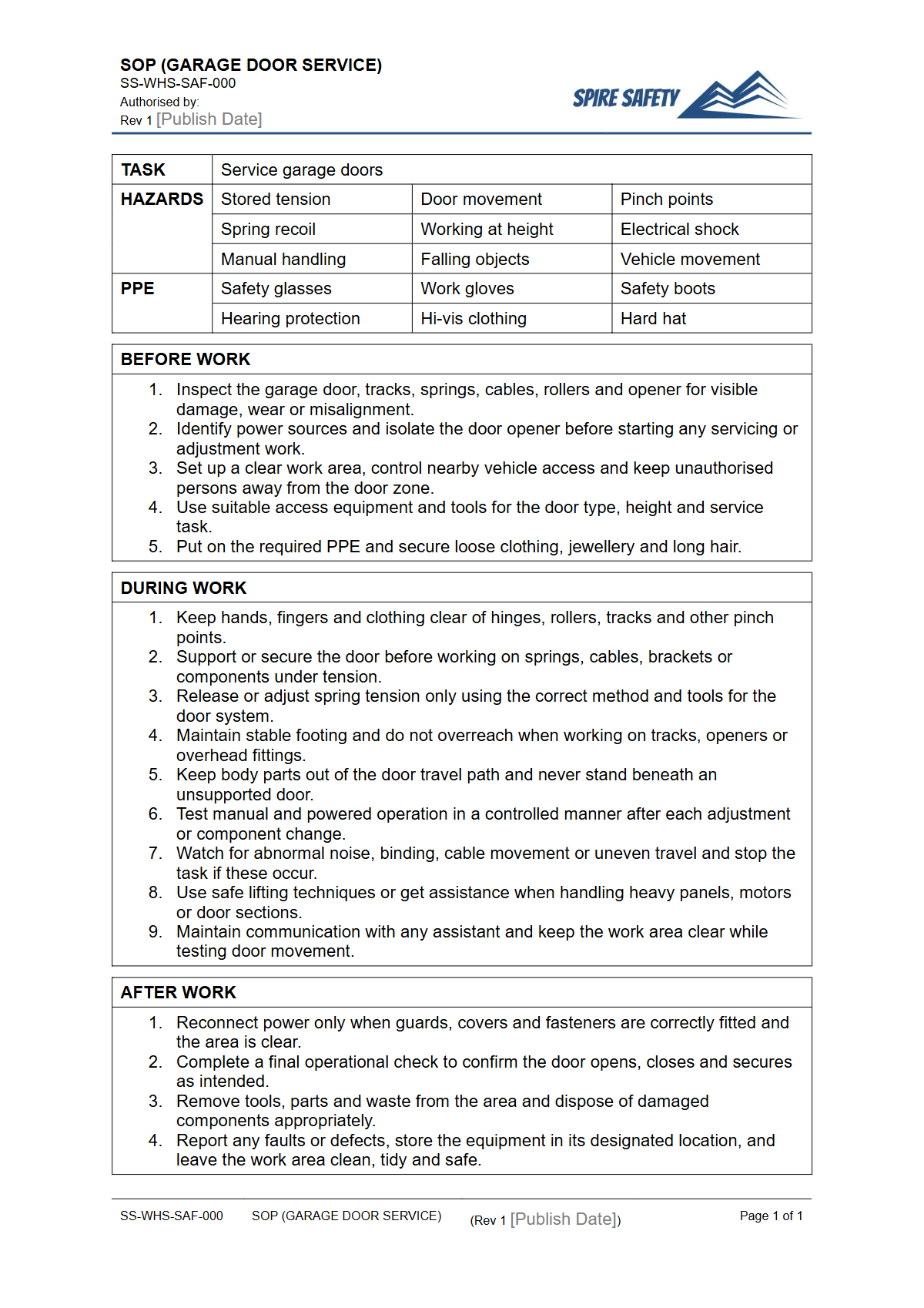 Free Safe Operating Procedure (Garage Door Service) Template — document preview