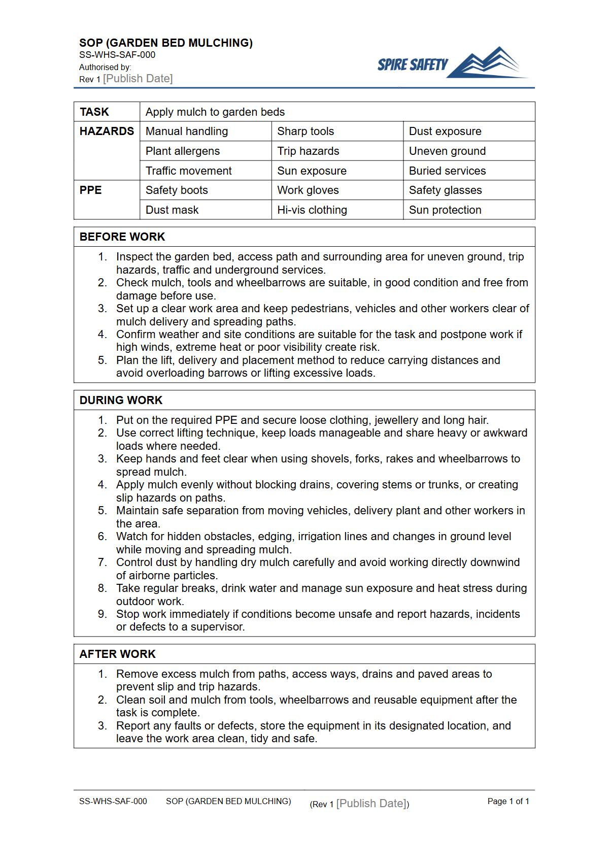 Free Safe Operating Procedure (Garden Bed Mulching) Template — document preview