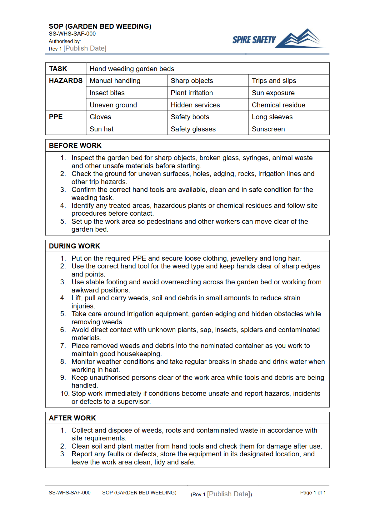 Free Safe Operating Procedure (Garden Bed Weeding) Template — document preview