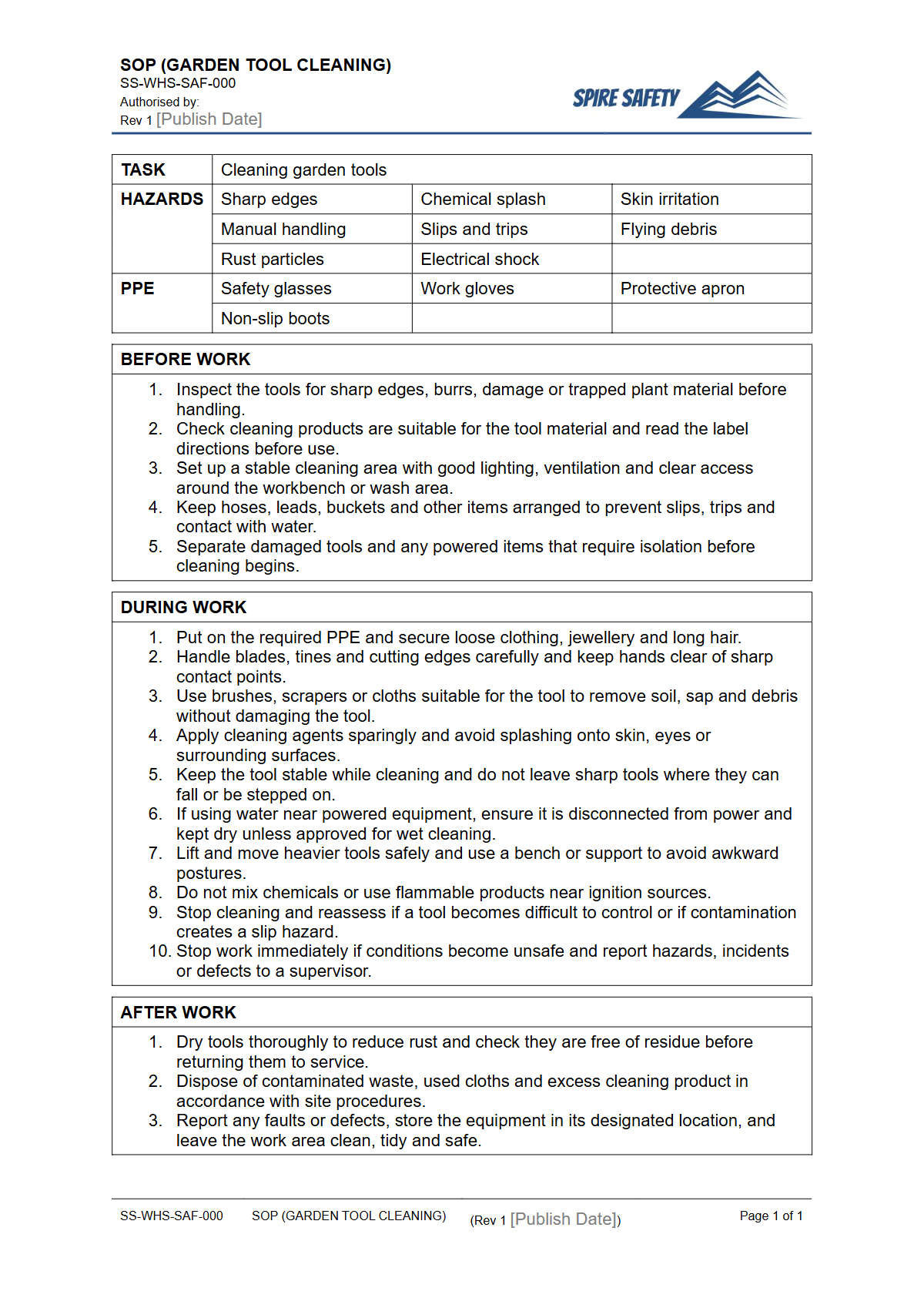 Free Safe Operating Procedure (Garden Tool Cleaning) Template — document preview