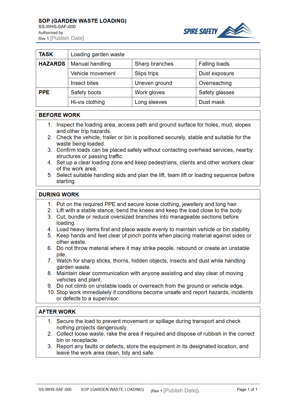 Free Safe Operating Procedure (Garden Waste Loading) Template — document preview