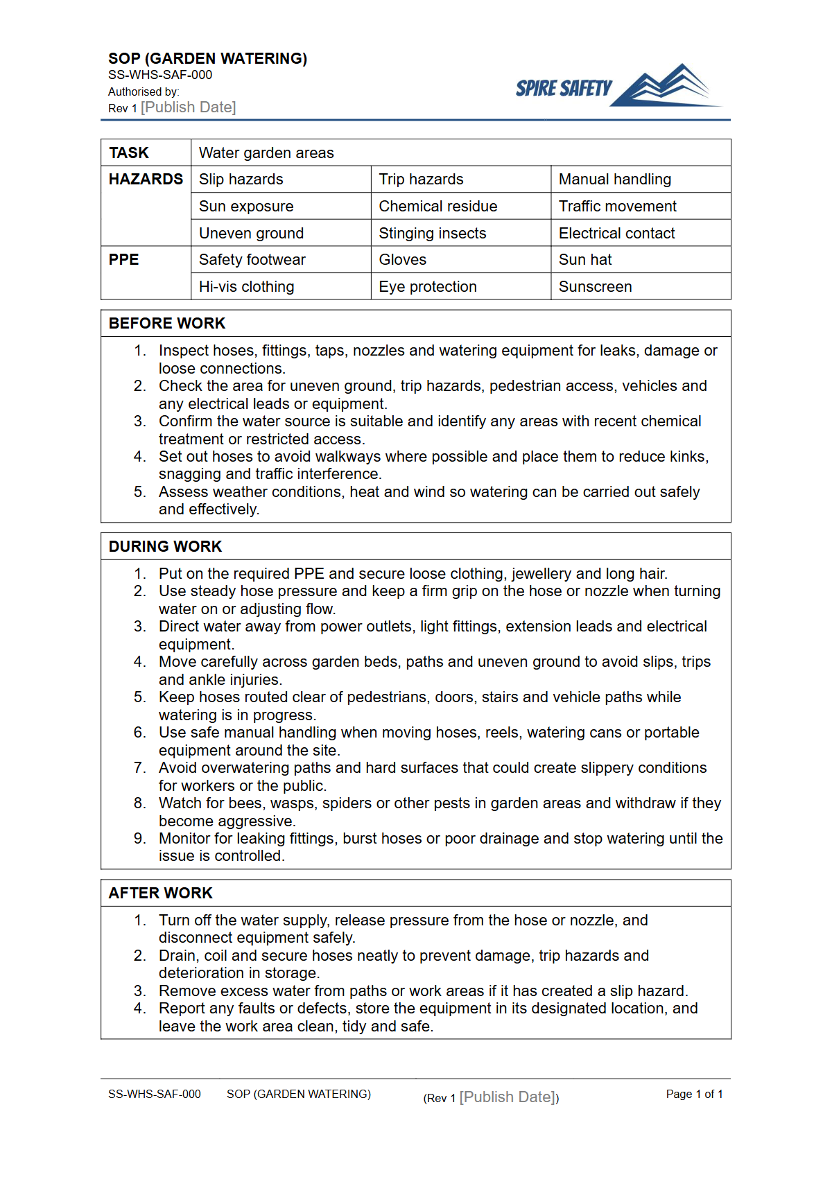 Free Safe Operating Procedure (Garden Watering) Template — document preview