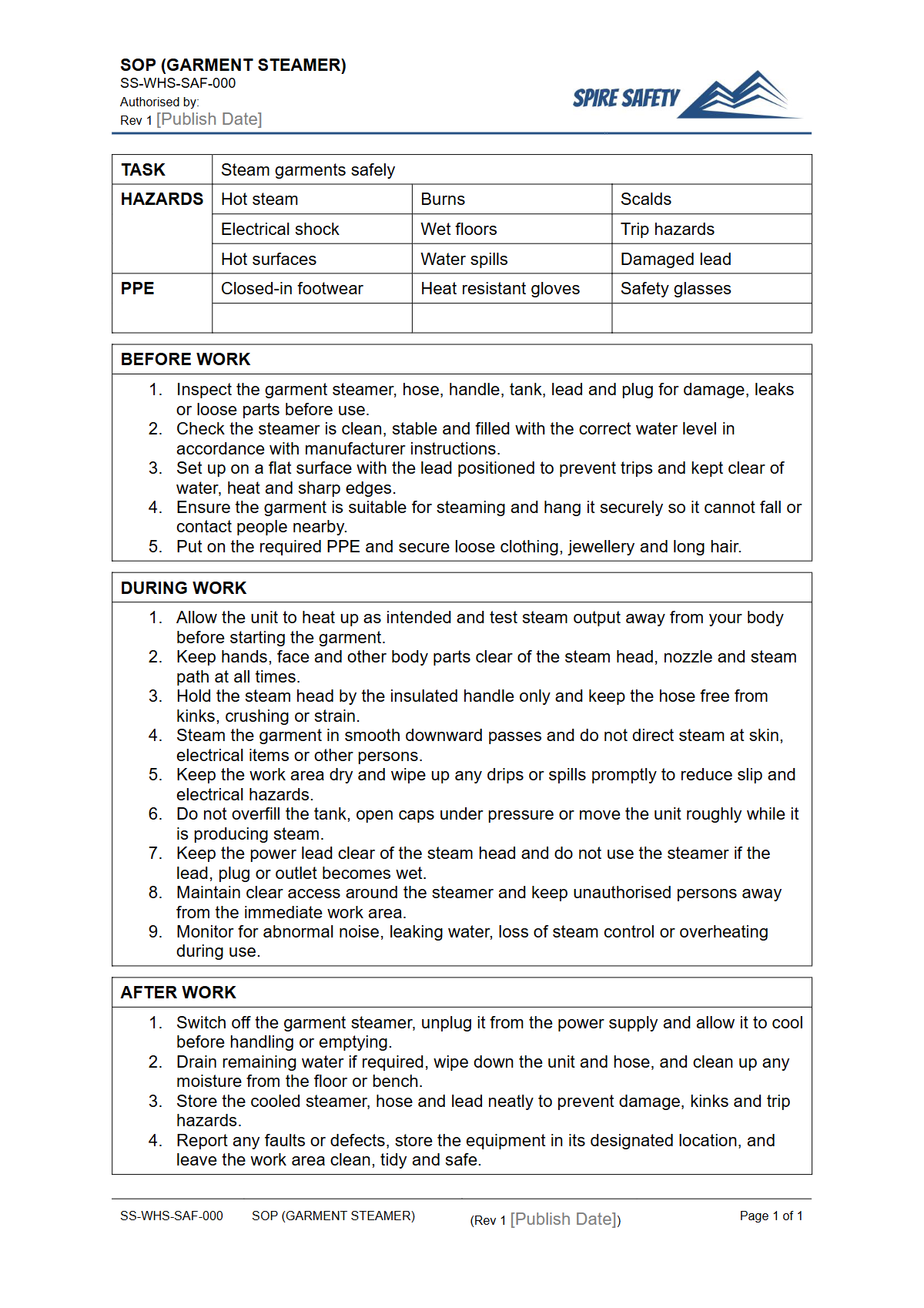 Free Safe Operating Procedure (Garment Steamer) Template — document preview