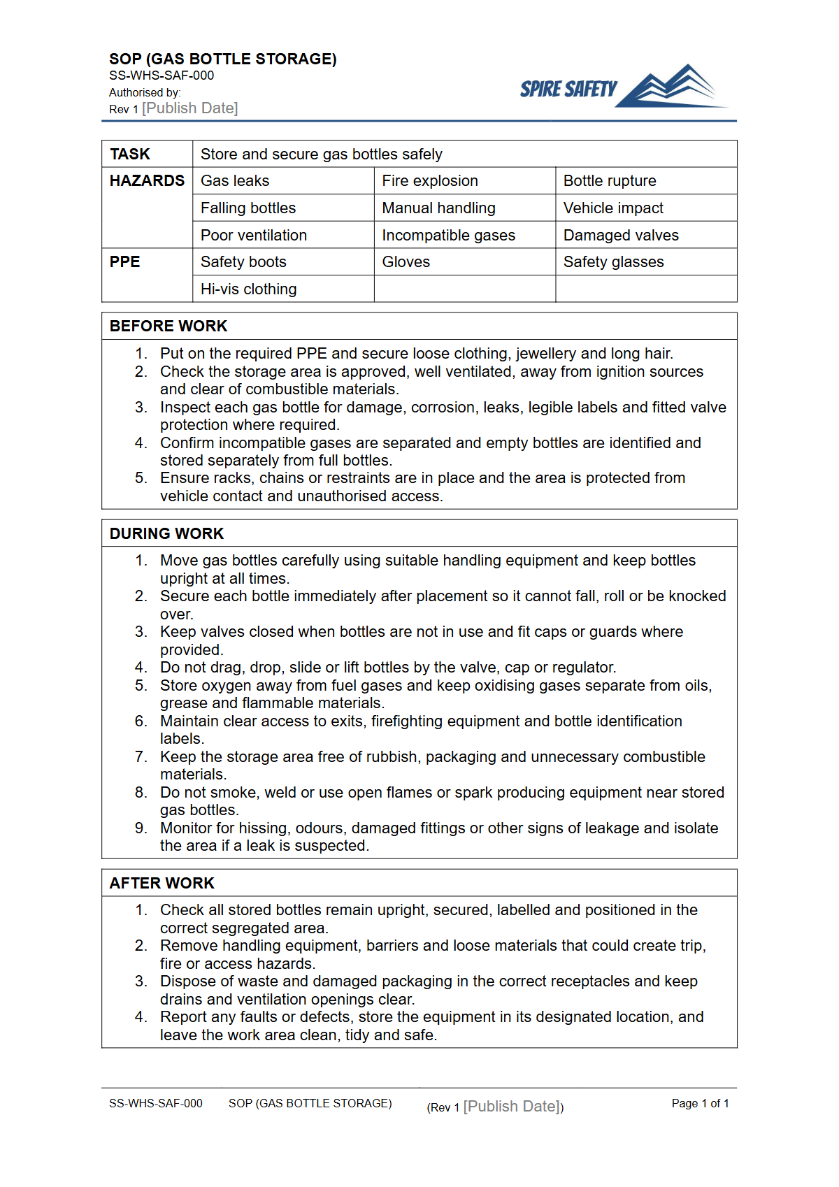 Free Safe Operating Procedure (Gas Bottle Storage) Template — document preview