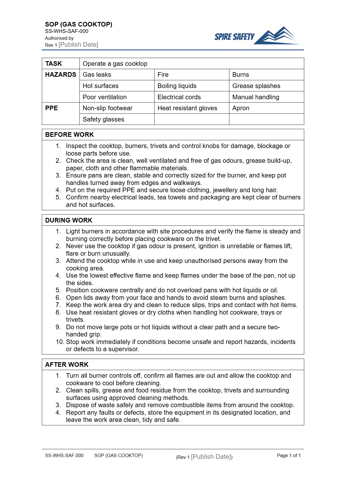 Free Safe Operating Procedure (Gas Cooktop) Template — document preview