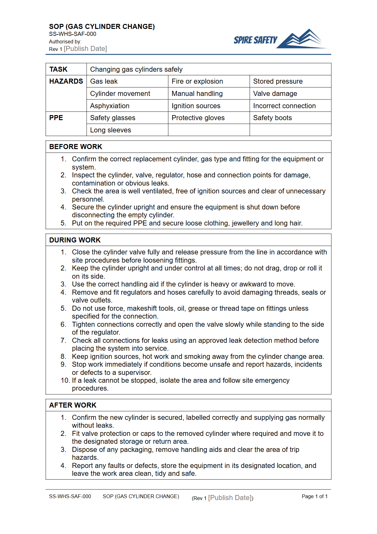 Free Safe Operating Procedure (Gas Cylinder Change) Template — document preview
