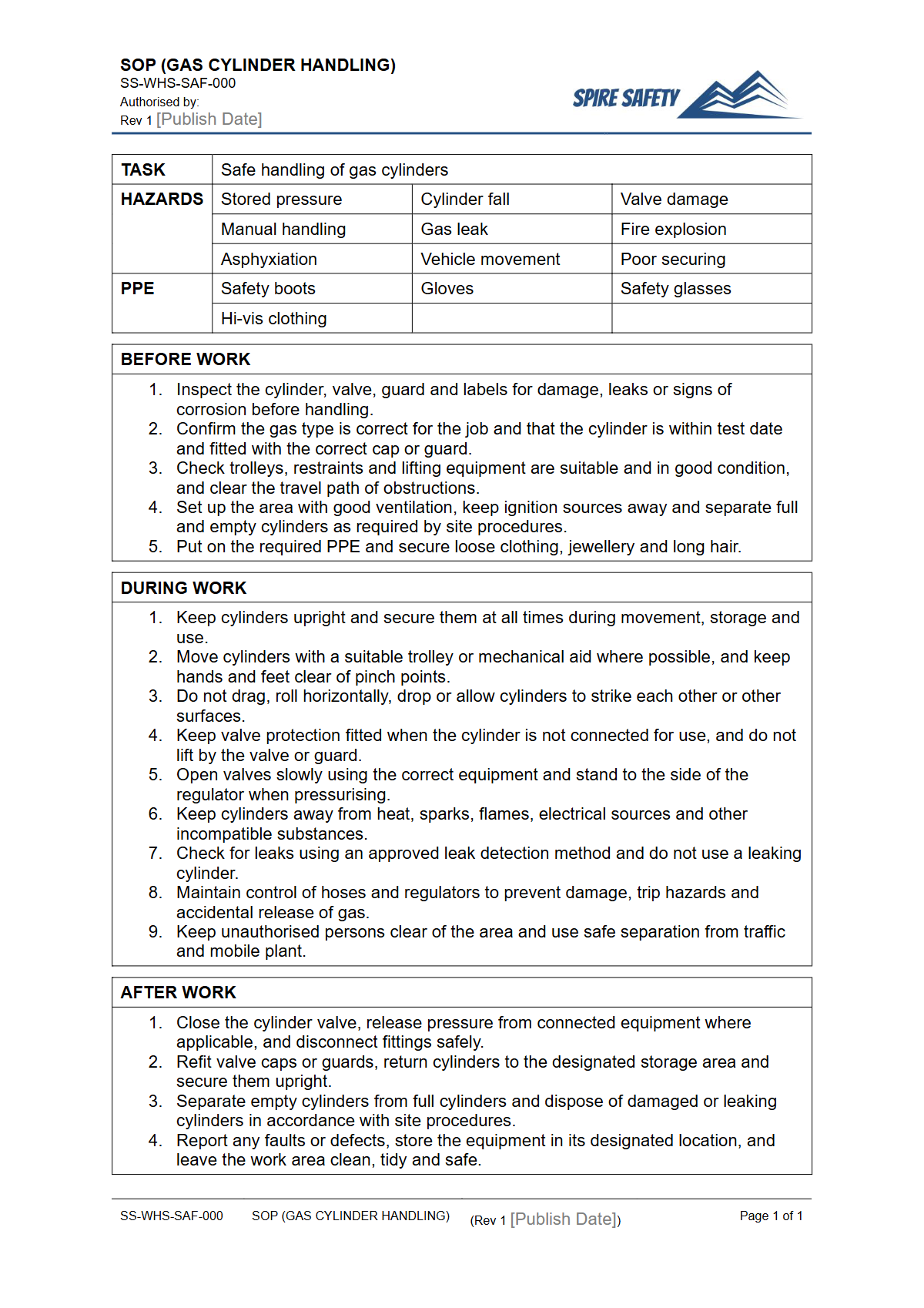 Free Safe Operating Procedure (Gas Cylinder Handling) Template — document preview