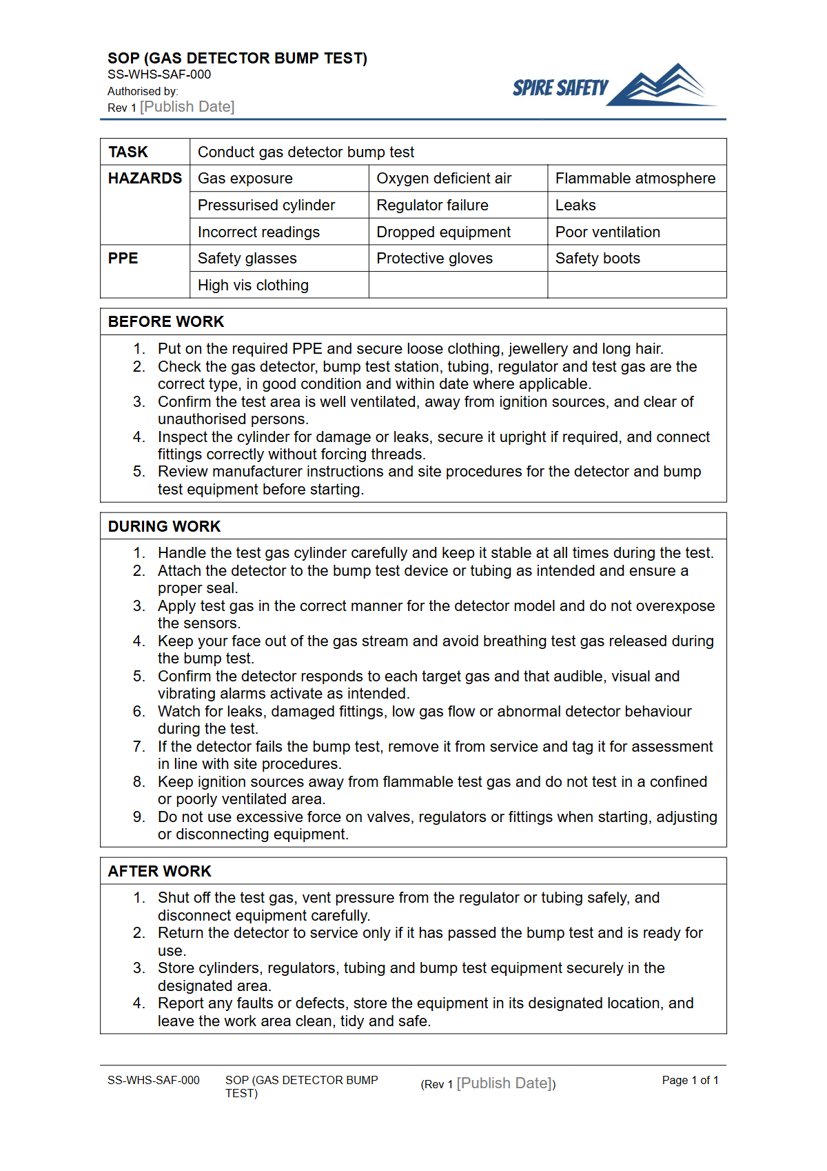Free Safe Operating Procedure (Gas Detector Bump Test) Template — document preview