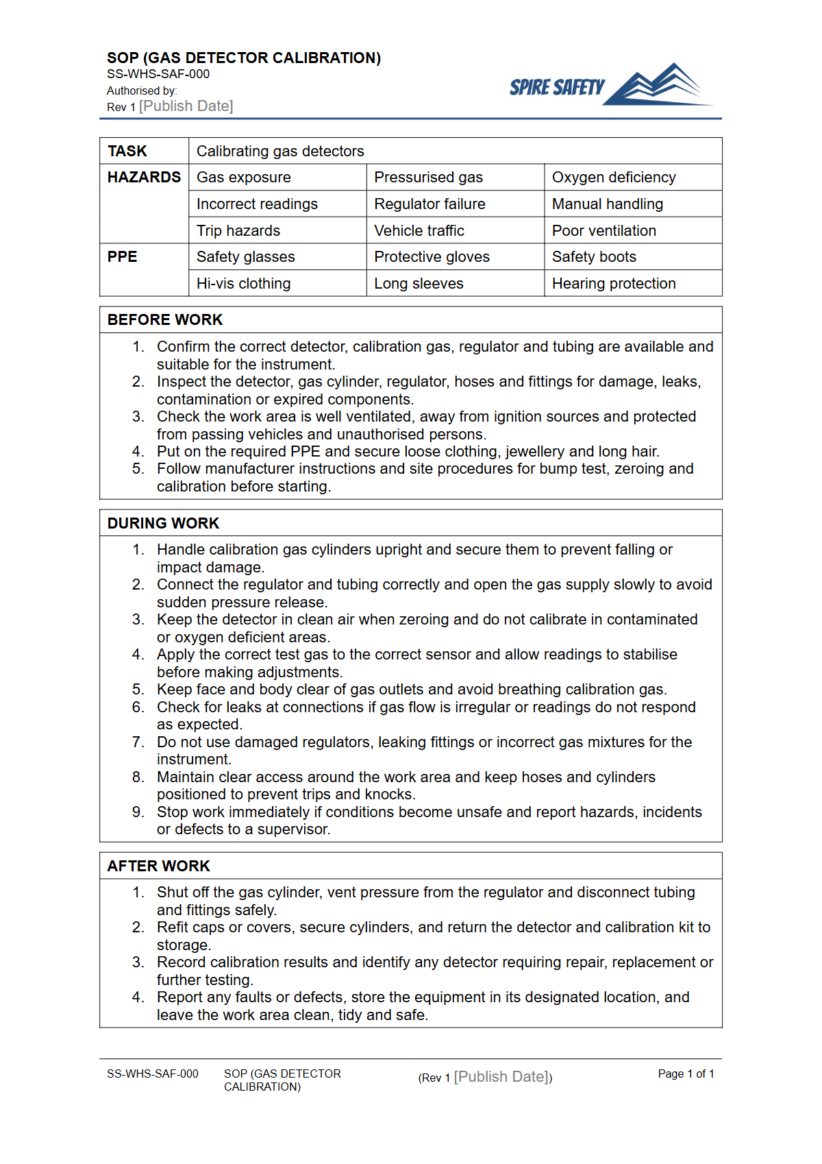 Free Safe Operating Procedure (Gas Detector Calibration) Template — document preview