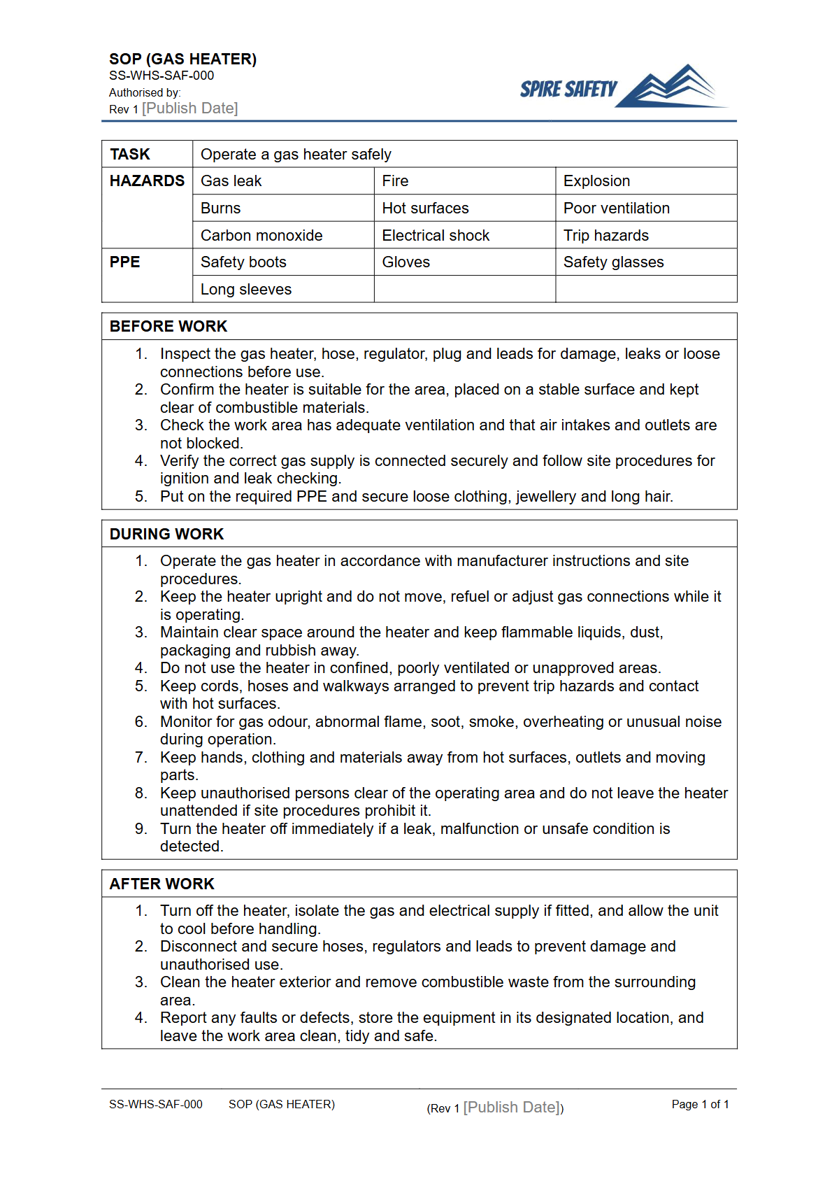 Free Safe Operating Procedure (Gas Heater) Template — document preview