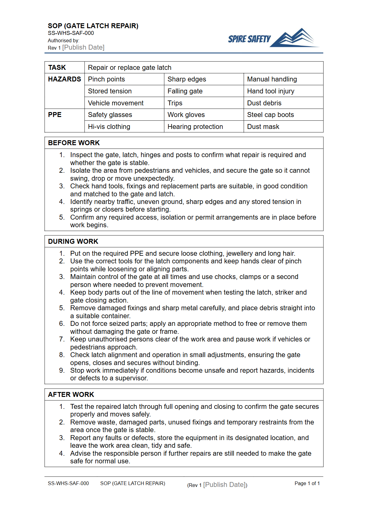 Free Safe Operating Procedure (Gate Latch Repair) Template — document preview