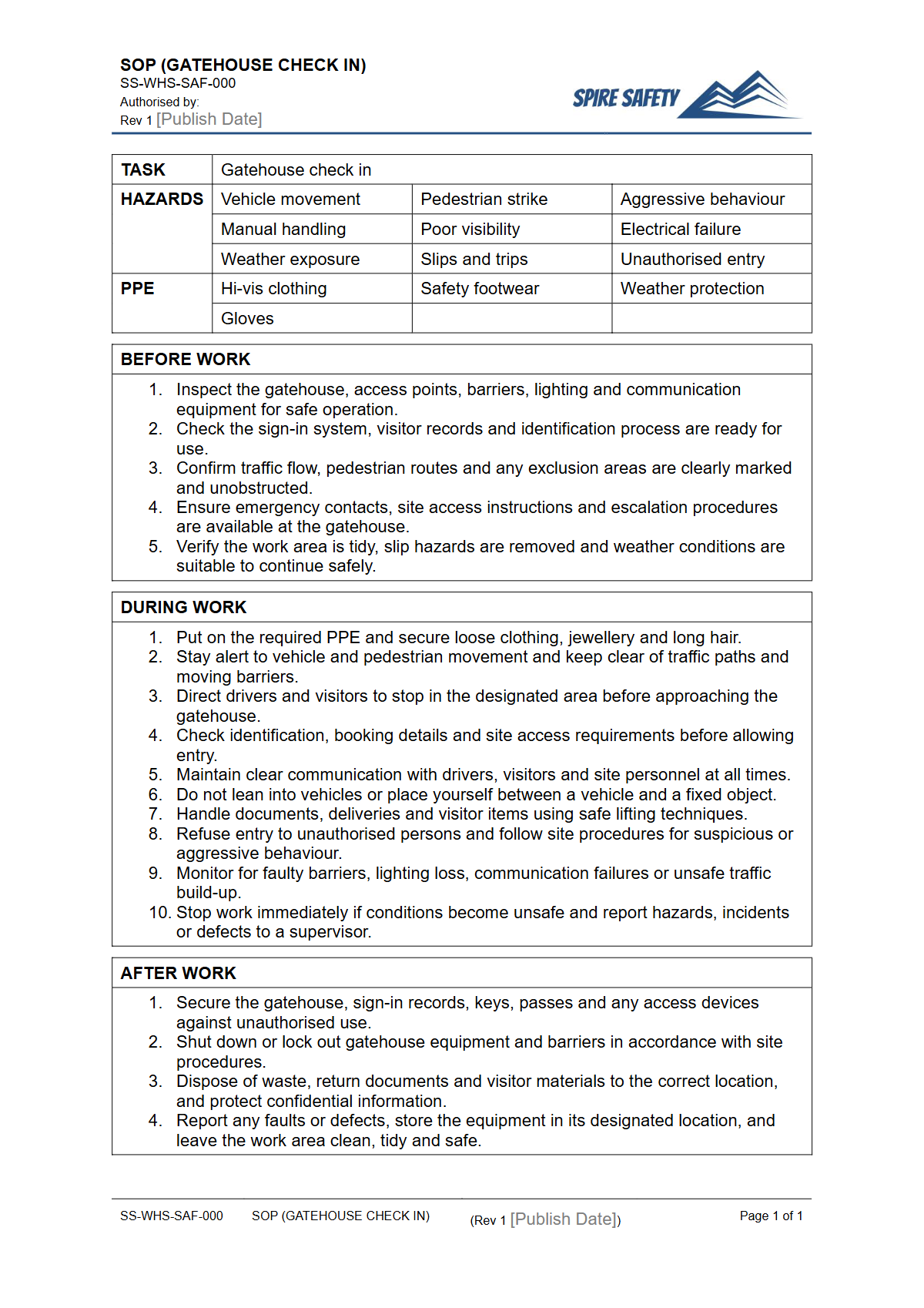Free Safe Operating Procedure (Gatehouse Check In) Template — document preview