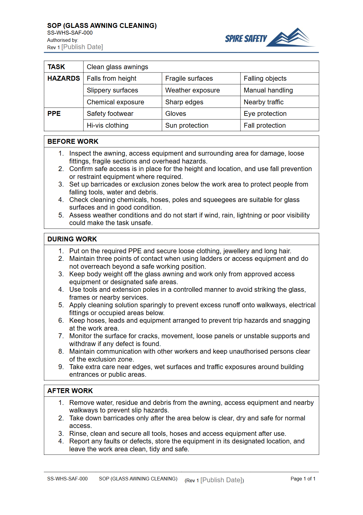 Free Safe Operating Procedure (Glass Awning Cleaning) Template — document preview