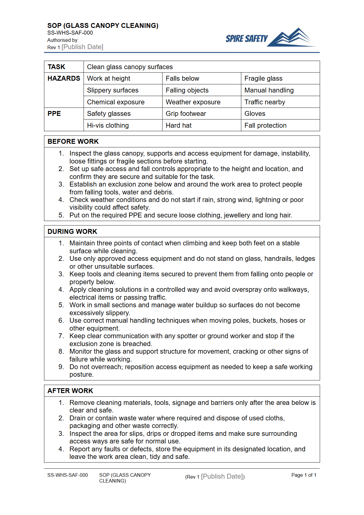 Free Safe Operating Procedure (Glass Canopy Cleaning) Template — document preview