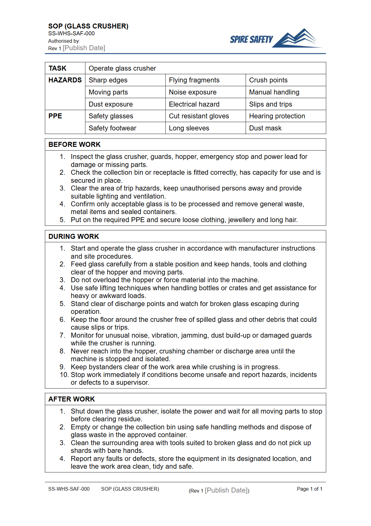 Free Safe Operating Procedure (Glass Crusher) Template — document preview