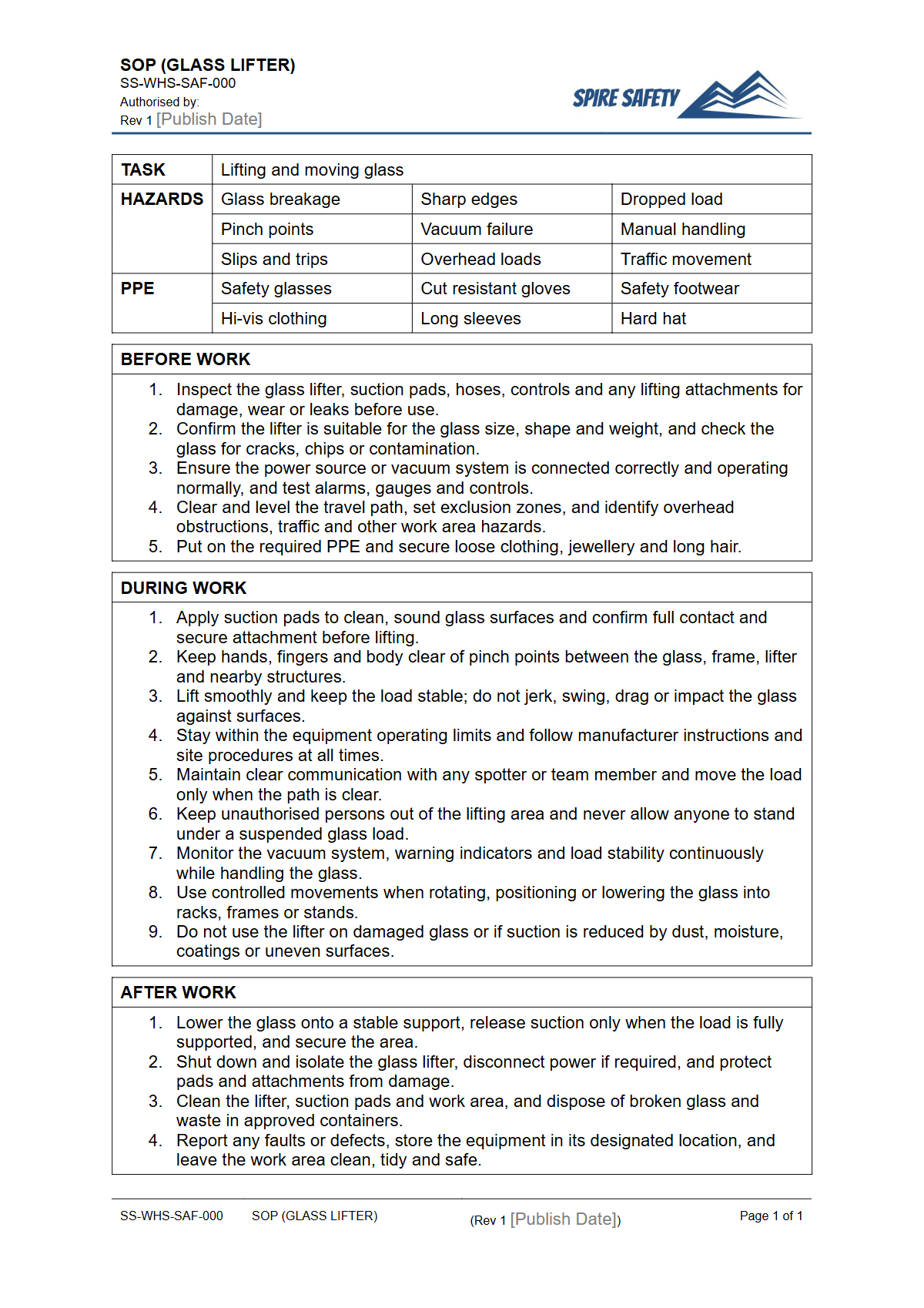 Free Safe Operating Procedure (Glass Lifter) Template — document preview