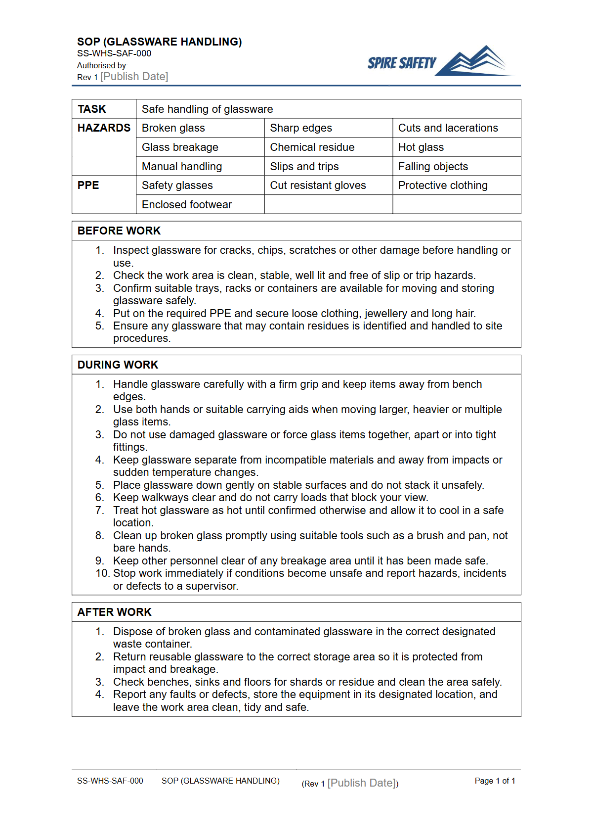Free Safe Operating Procedure (Glassware Handling) Template — document preview