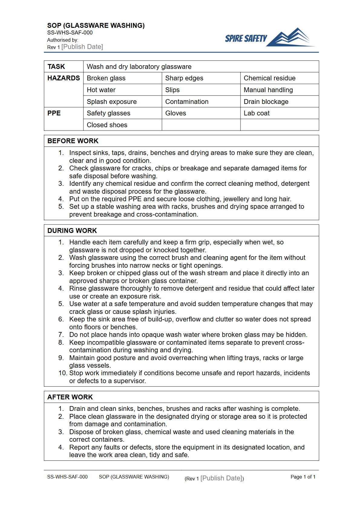 Free Safe Operating Procedure (Glassware Washing) Template — document preview