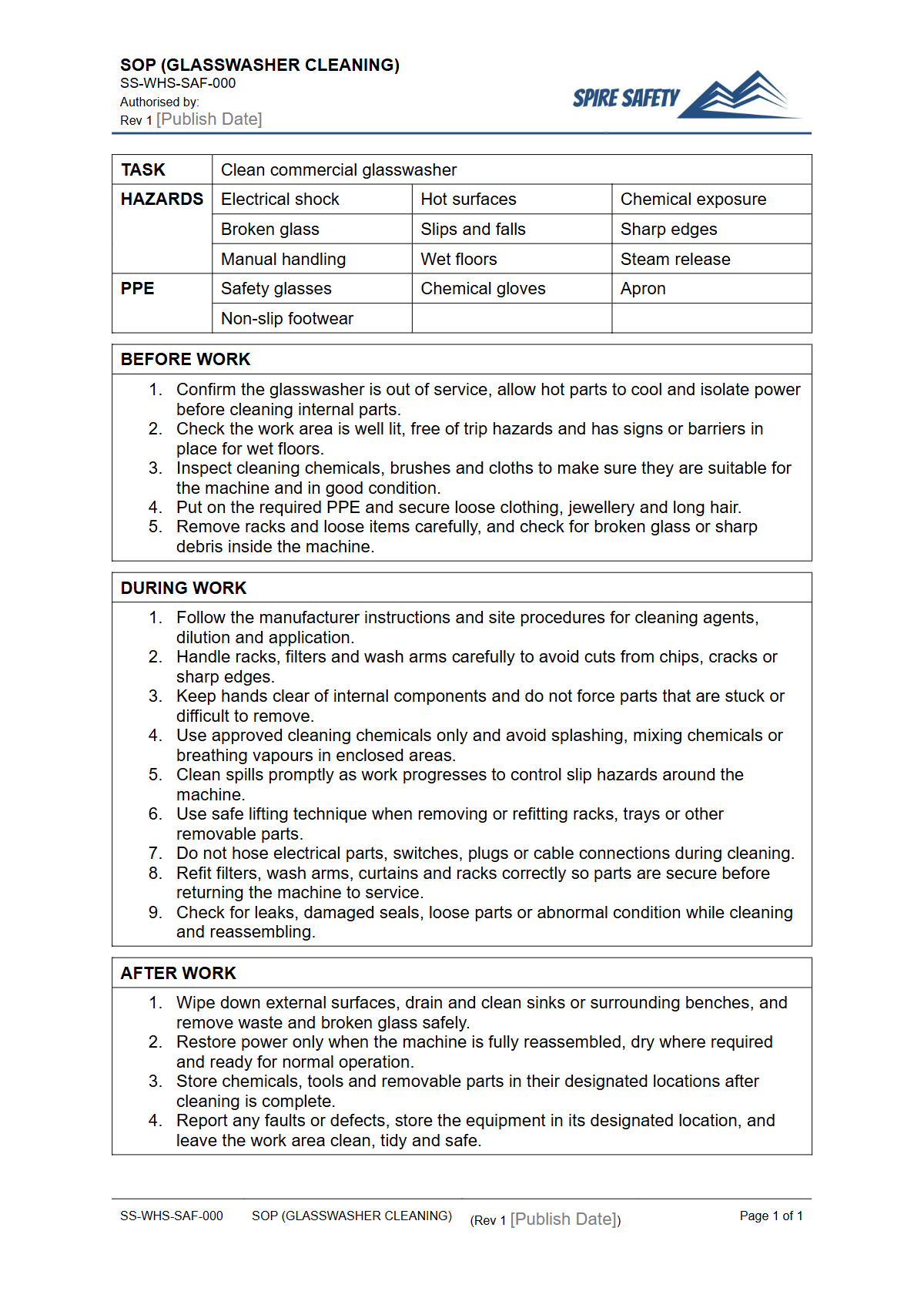 Free Safe Operating Procedure (Glasswasher Cleaning) Template — document preview