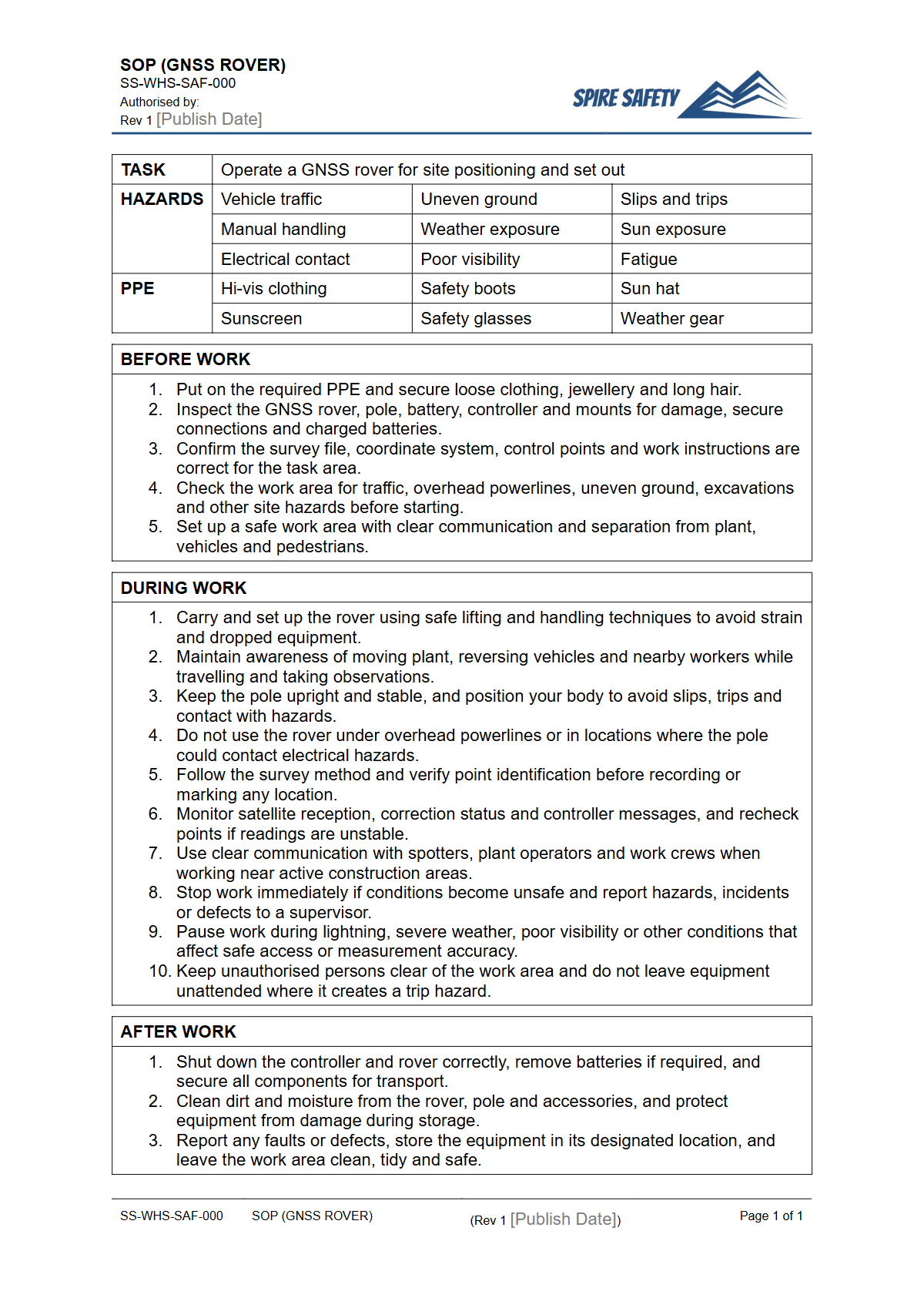 Free Safe Operating Procedure (GNSS Rover) Template — document preview