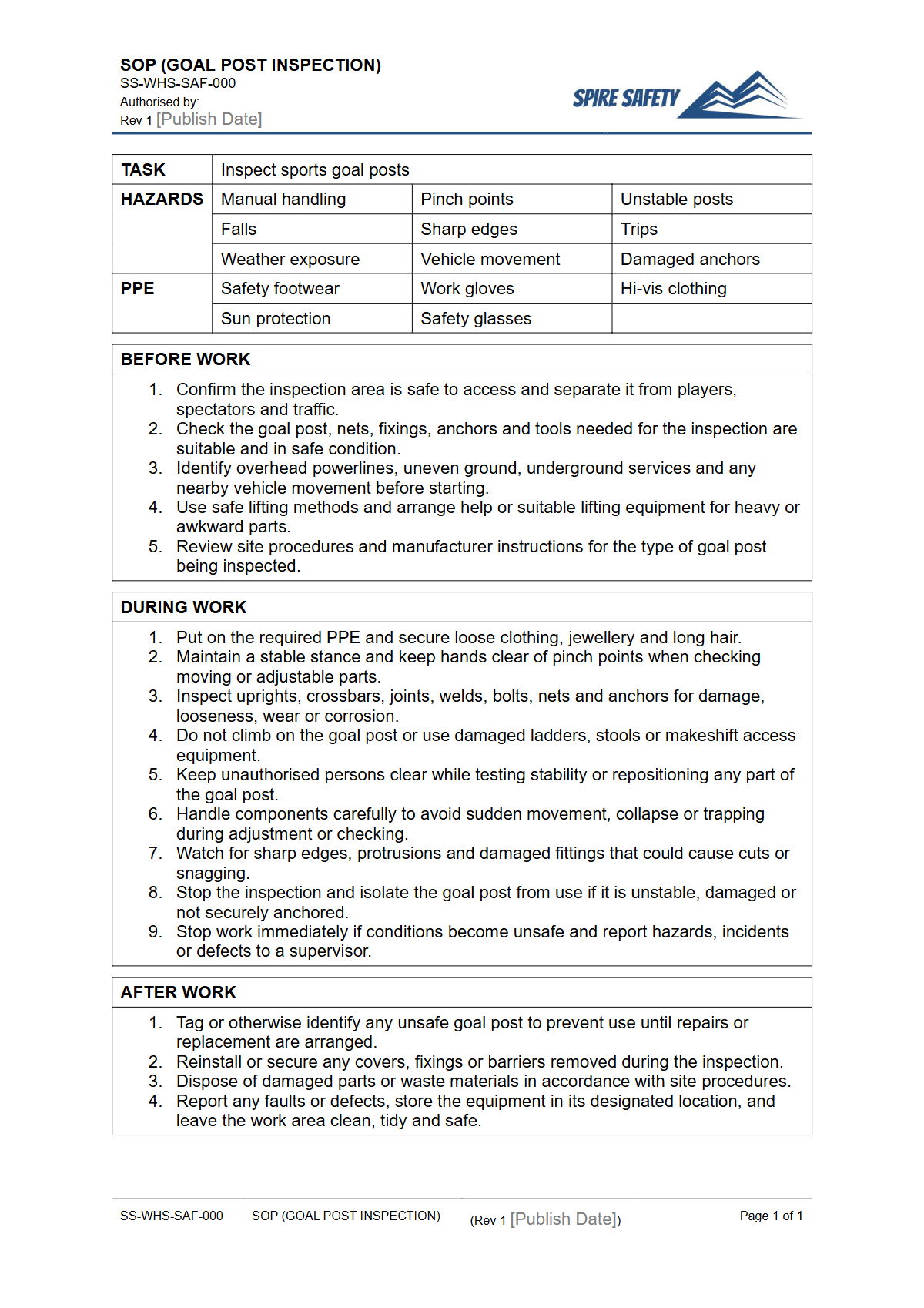 Free Safe Operating Procedure (Goal Post Inspection) Template — document preview