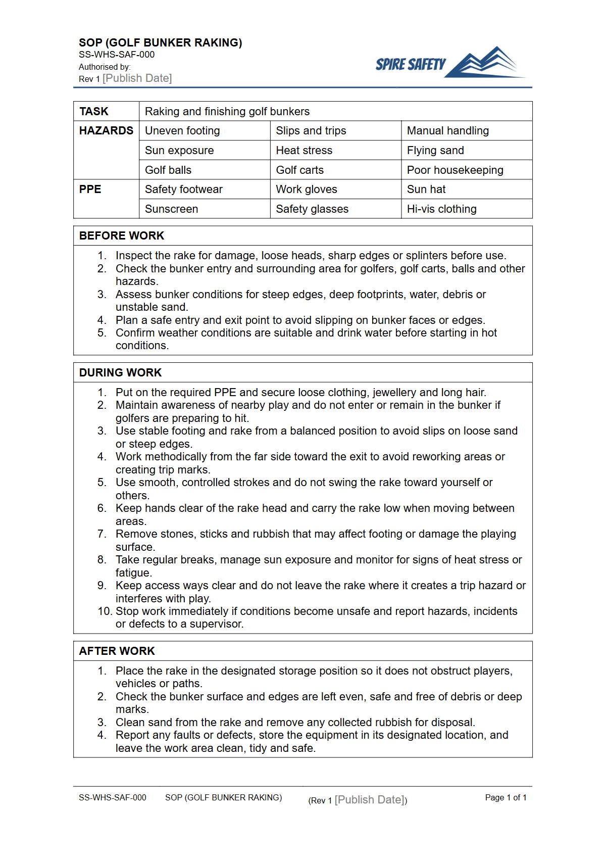 Free Safe Operating Procedure (Golf Bunker Raking) Template — document preview