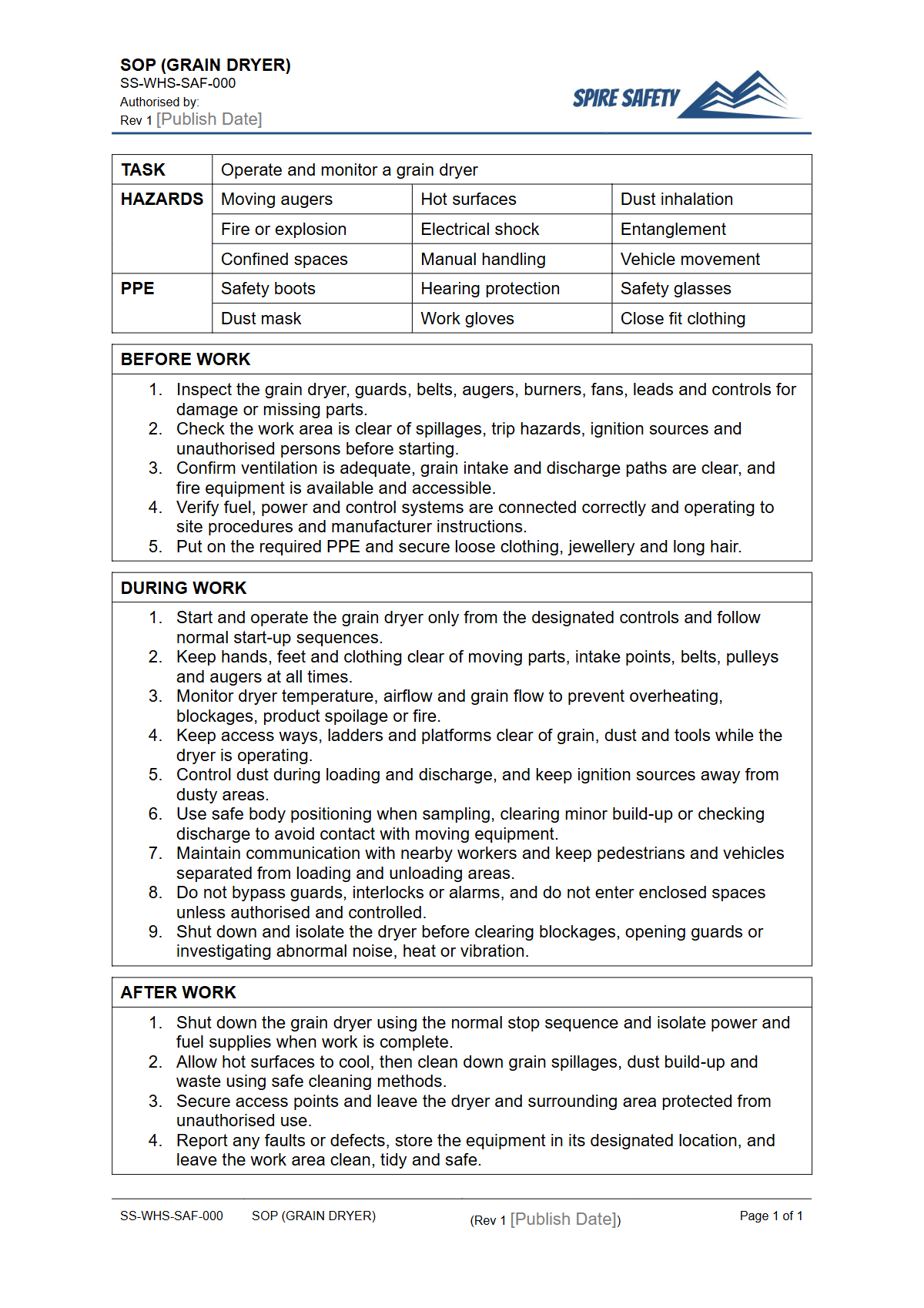 Free Safe Operating Procedure (Grain Dryer) Template — document preview